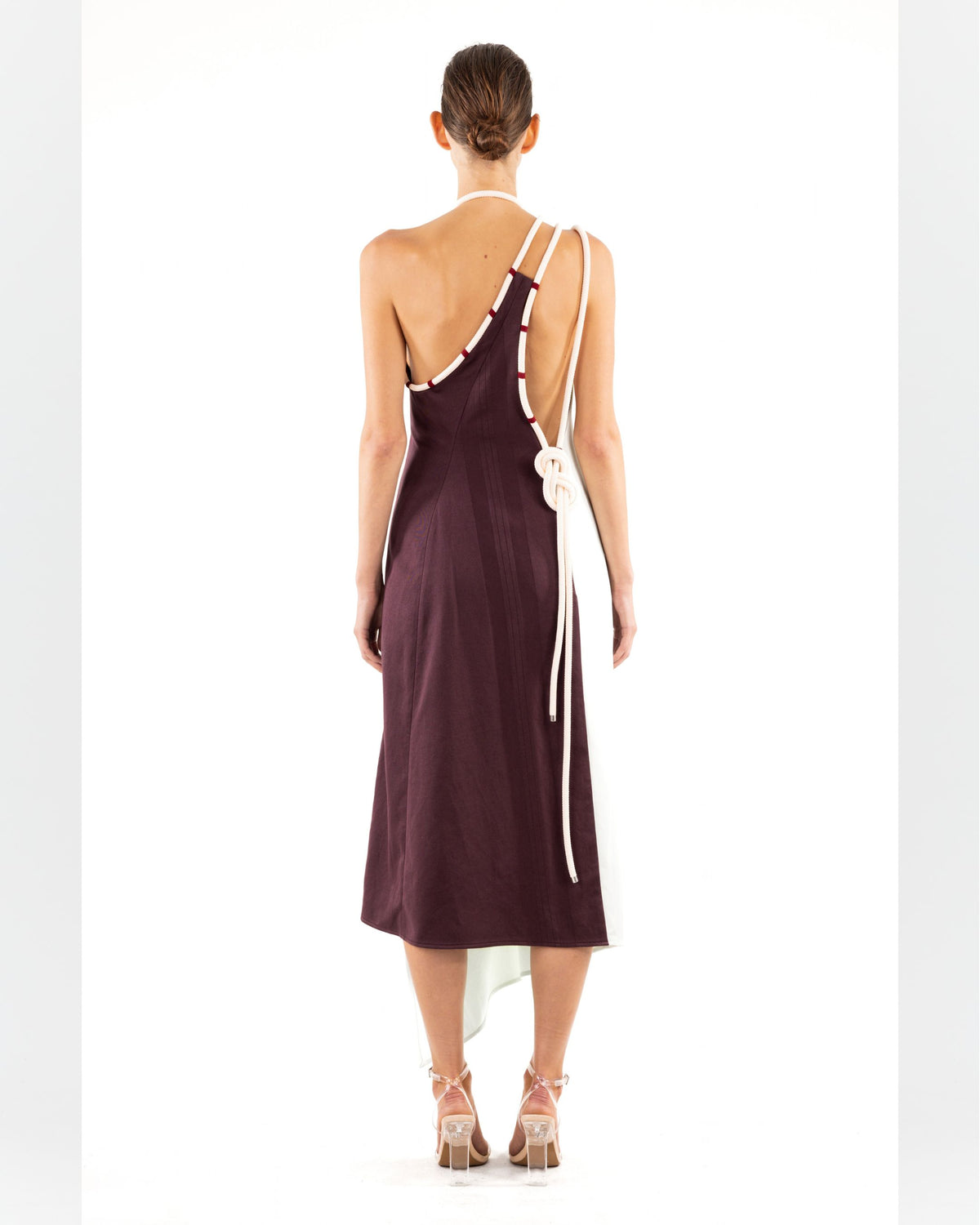 MARTAN Zoey Dress in Misty and Plum, rear view showing the open back