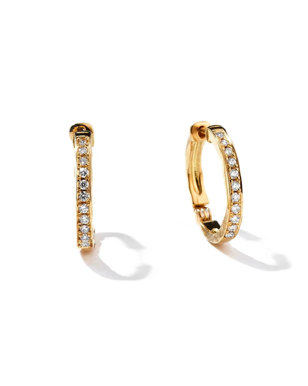 Front and angled views of the Milamore En Pavé Hoops in solid 18K yellow gold with pavé diamonds.