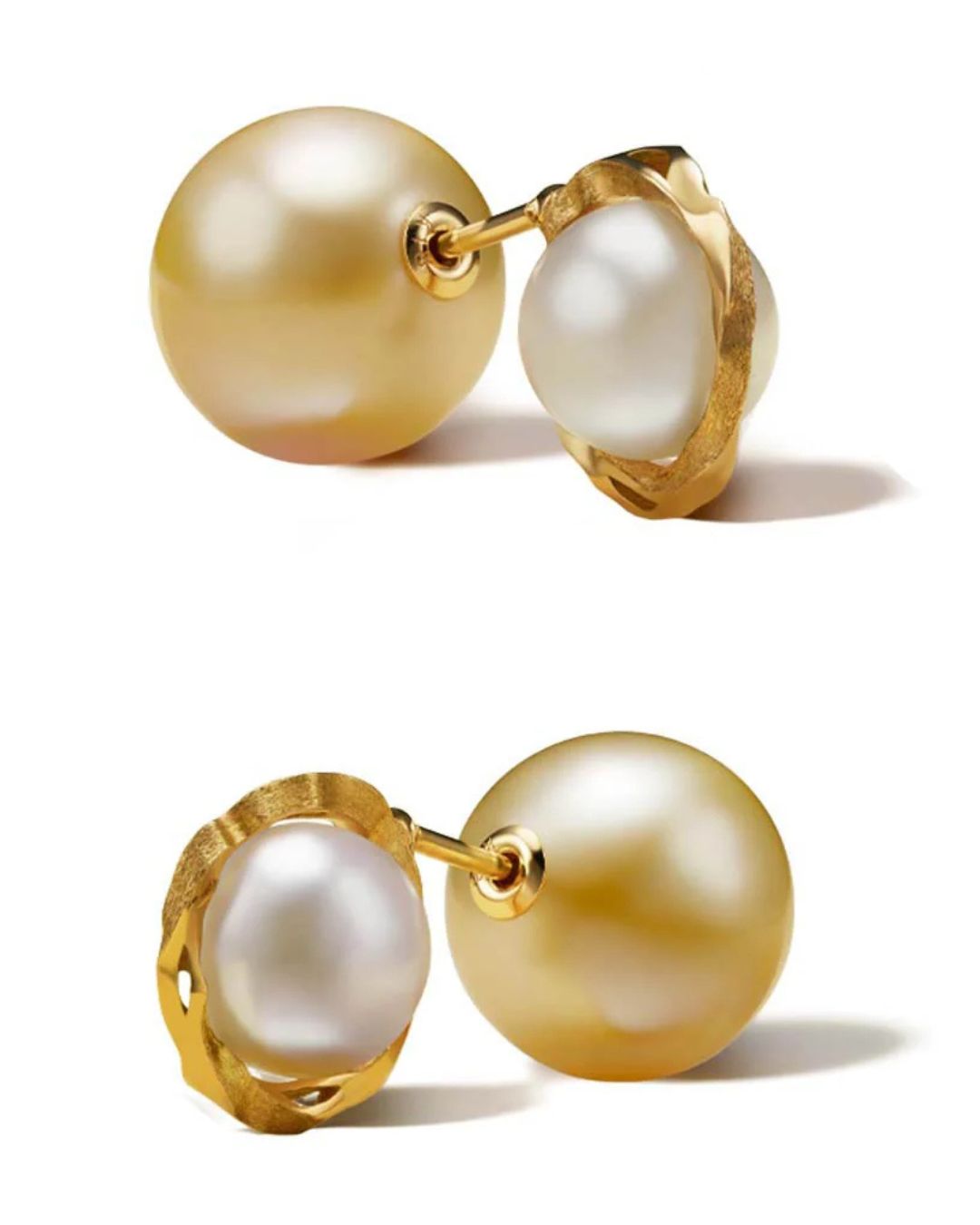 Two views of the Milamore Kintsugi Duo Pearl Earring with a white Akoya pearl and Gold South Sea pearl.