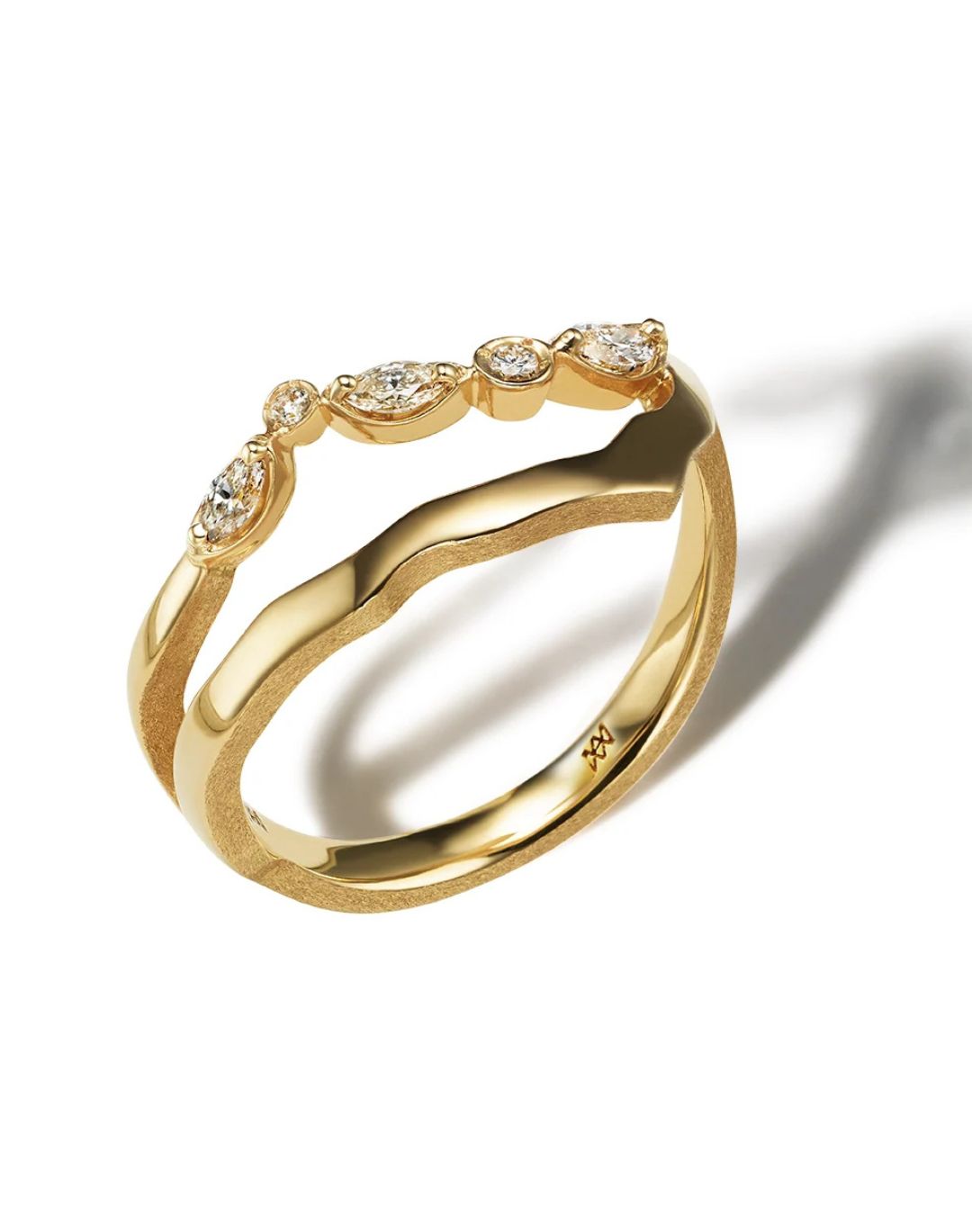 Milamore Kintsugi Float Diamond Ring I in 18K yellow gold with floating round and marquise-cut diamonds.