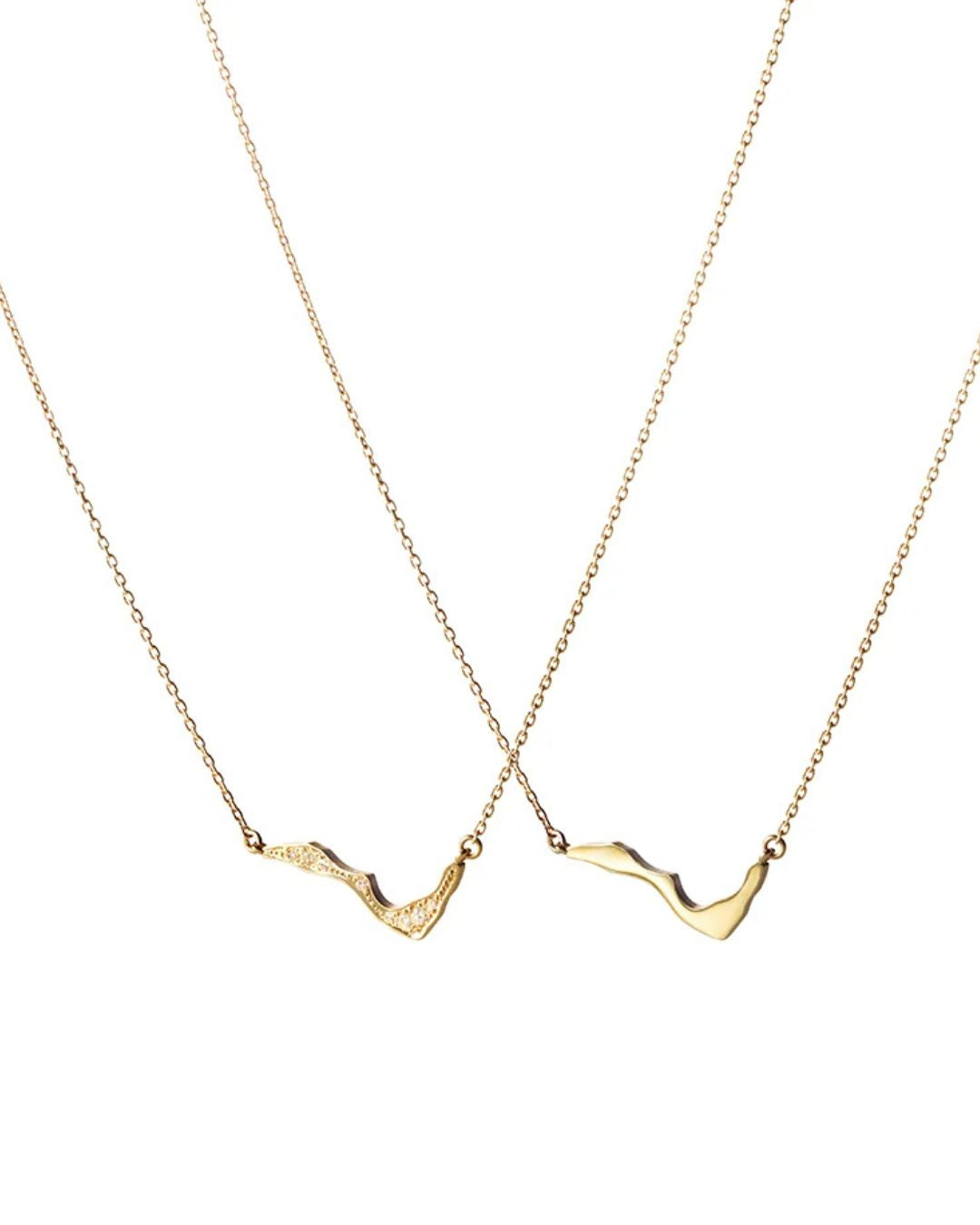 Milamore Kintsugi Mini Pavé Necklace and coordinating plain gold necklace displayed side by side.