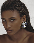 Monica Sordo Earfan Spiral Earrings in patchwork nautilus. In shades of blue, black, grey and green. Photo shows earrings on a model.