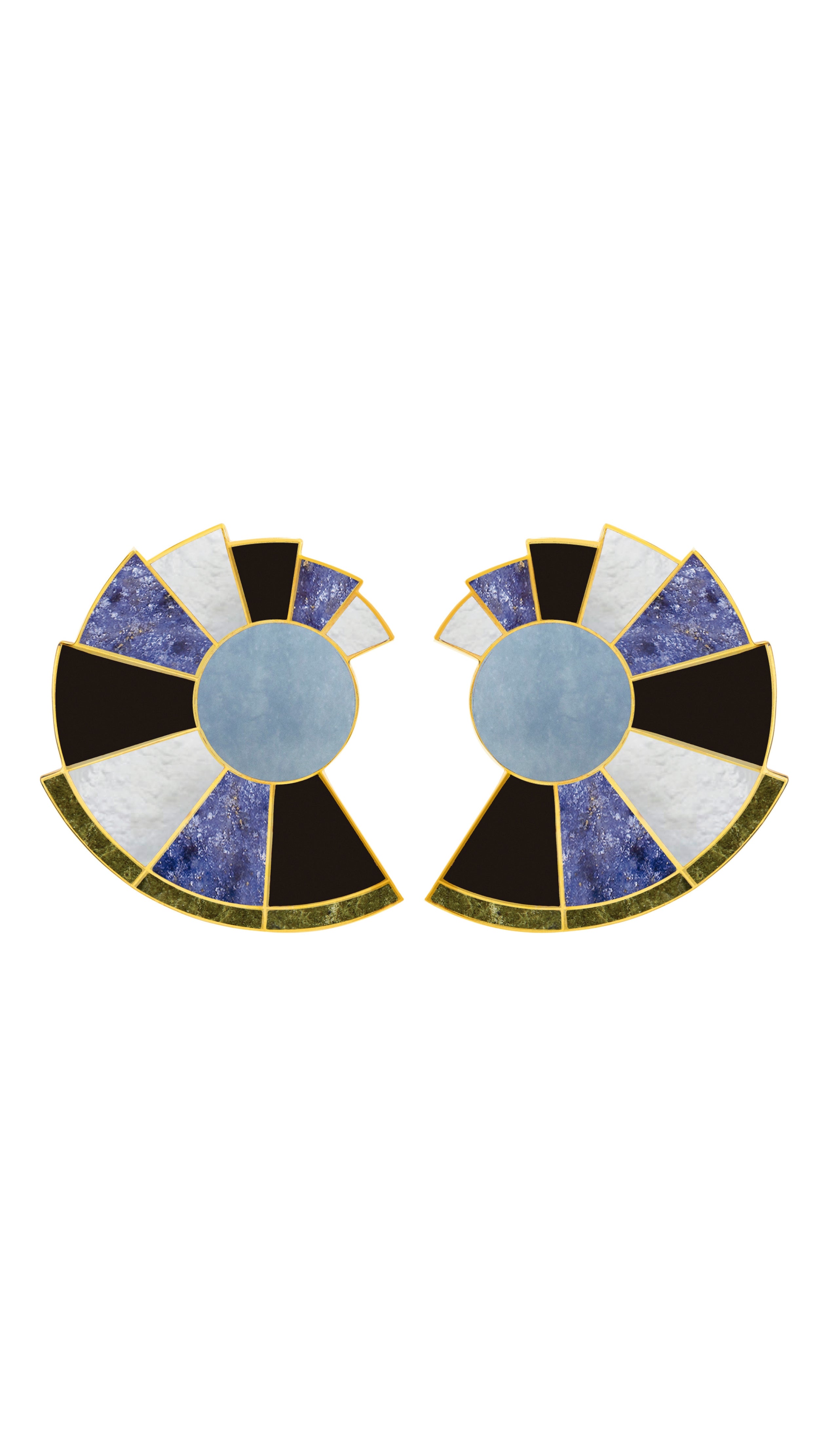 Monica Sordo Earfan Spiral Earrings in patchwork nautilus. In shades of blue, black, grey and green. Photo shows earrings from the front.