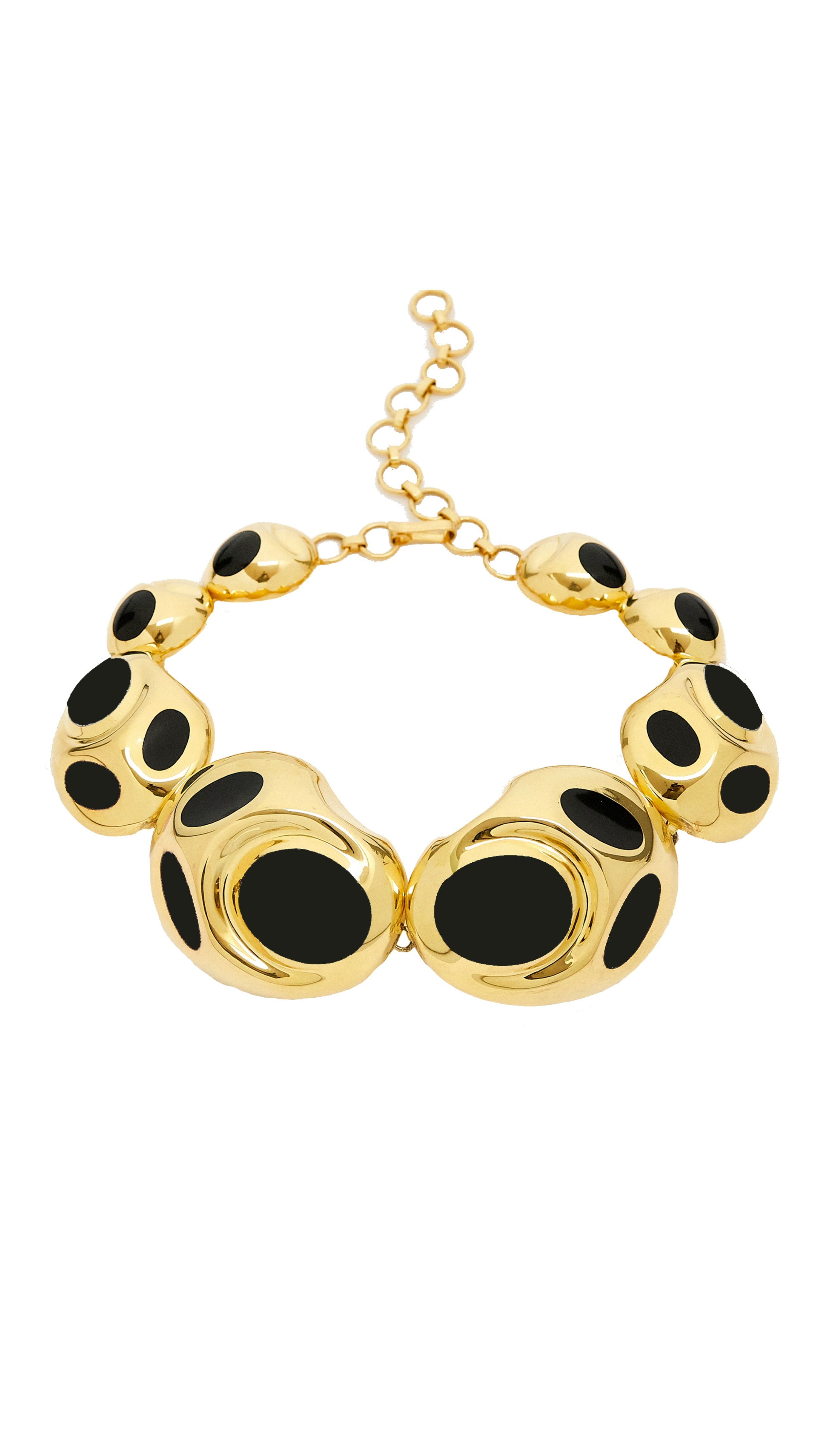 Monica Sordo, Peninsula Choker Necklace in Black Onyx. statement choker is made with organically shaped 24 carat gold plated ovoids and black onyx inlay. Adjustable length. Photo of the product shown from the front.