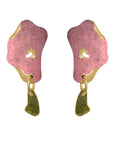 Monica Sordo Profundo Earrings in Pink Rhodonite. Product photo of pair of earrings in organic shape with pink rhodonite body and green drops. 24K gold plated drop earrings.