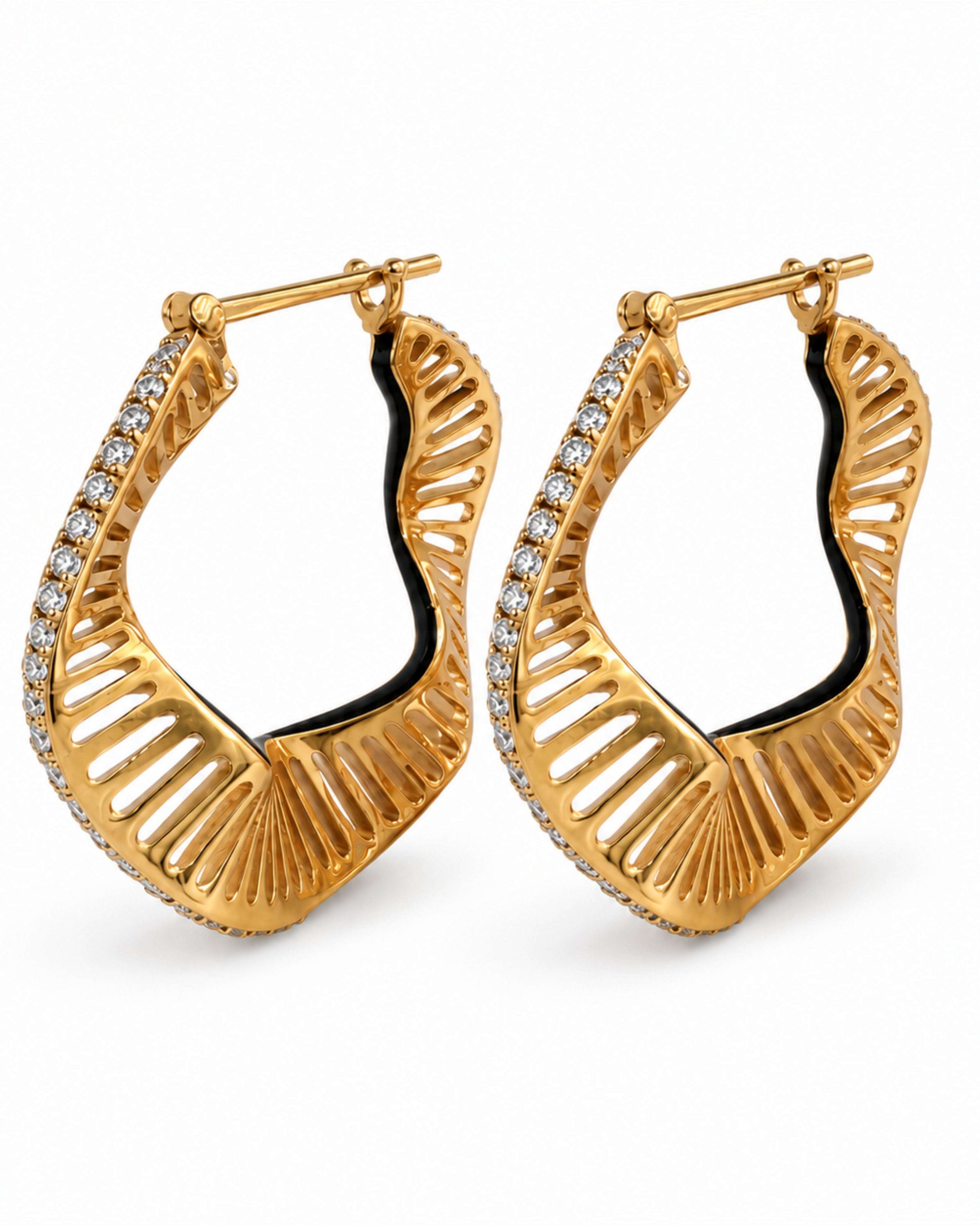 L'Atelier Nawbar Wave Hoops in 18K Yellow Gold — side profile showing openwork and enamel detail