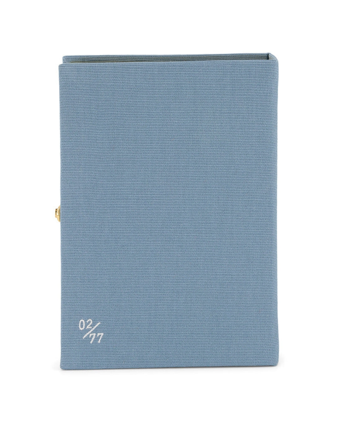 Reverse of the Bank of the Oise at Auvers clutch showing the plain steel-blue cotton back cover with edition number 02/77 embroidered in the lower corner.