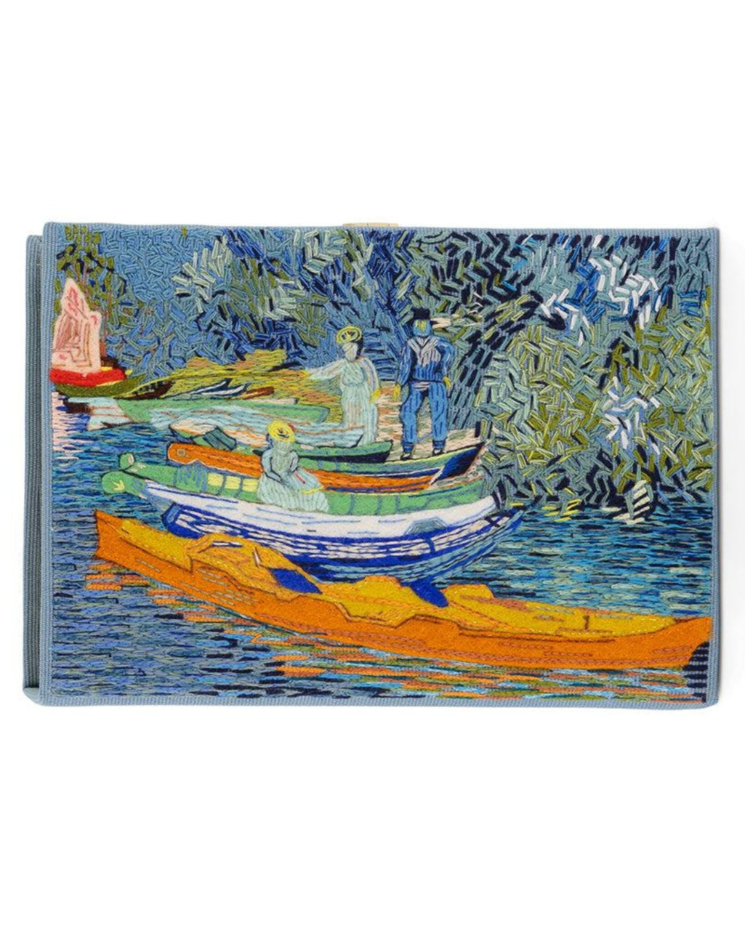 Full front face of the Bank of the Oise at Auvers clutch laid flat on white, displaying the complete hand-embroidered scene of boats, figures and riverbank trees after Van Gogh.