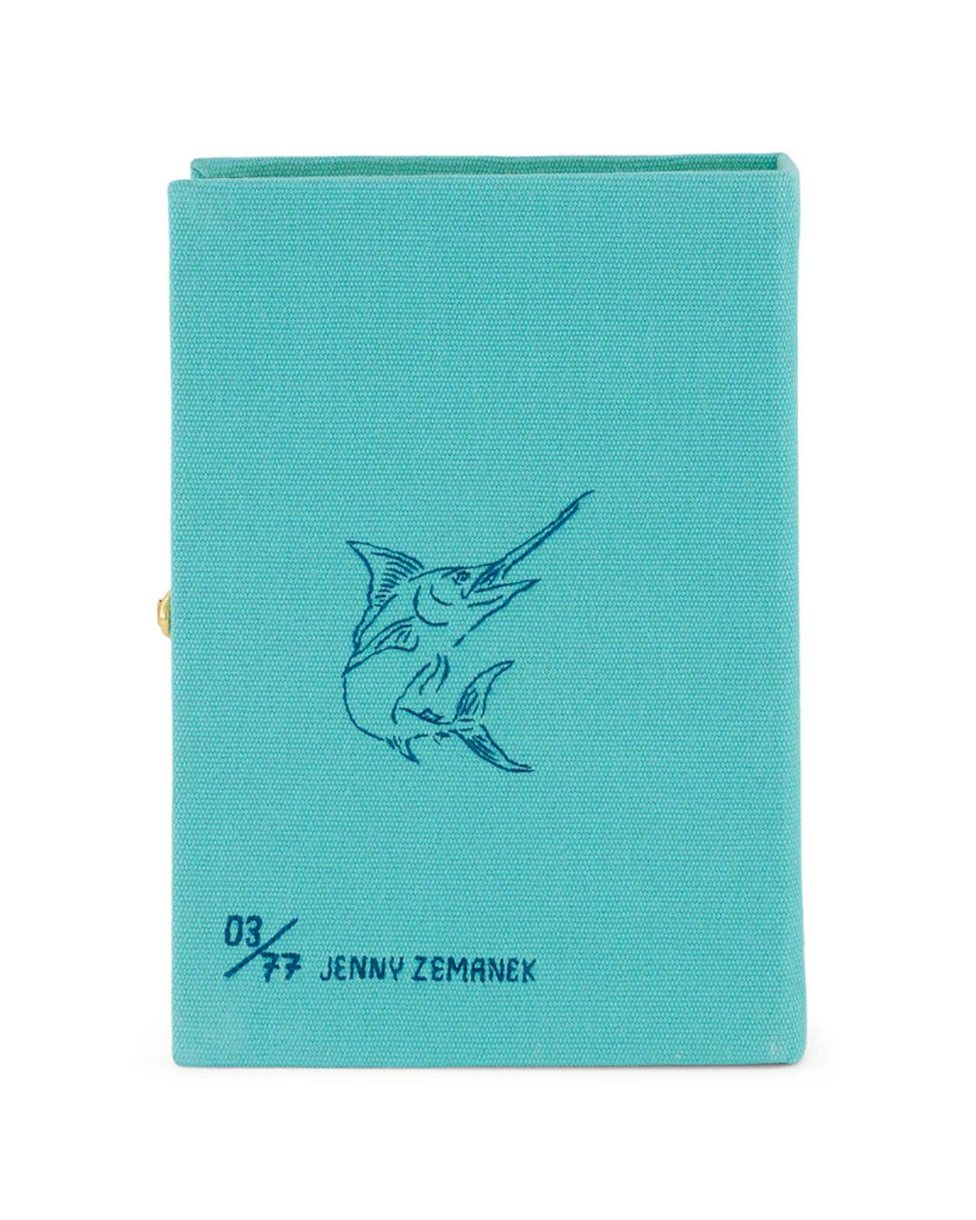 Full back cover of the Old Man and the Sea clutch on white, showing the embroidered marlin, edition number 03/77, and Jenny Zemanek illustrator credit on plain teal cotton.