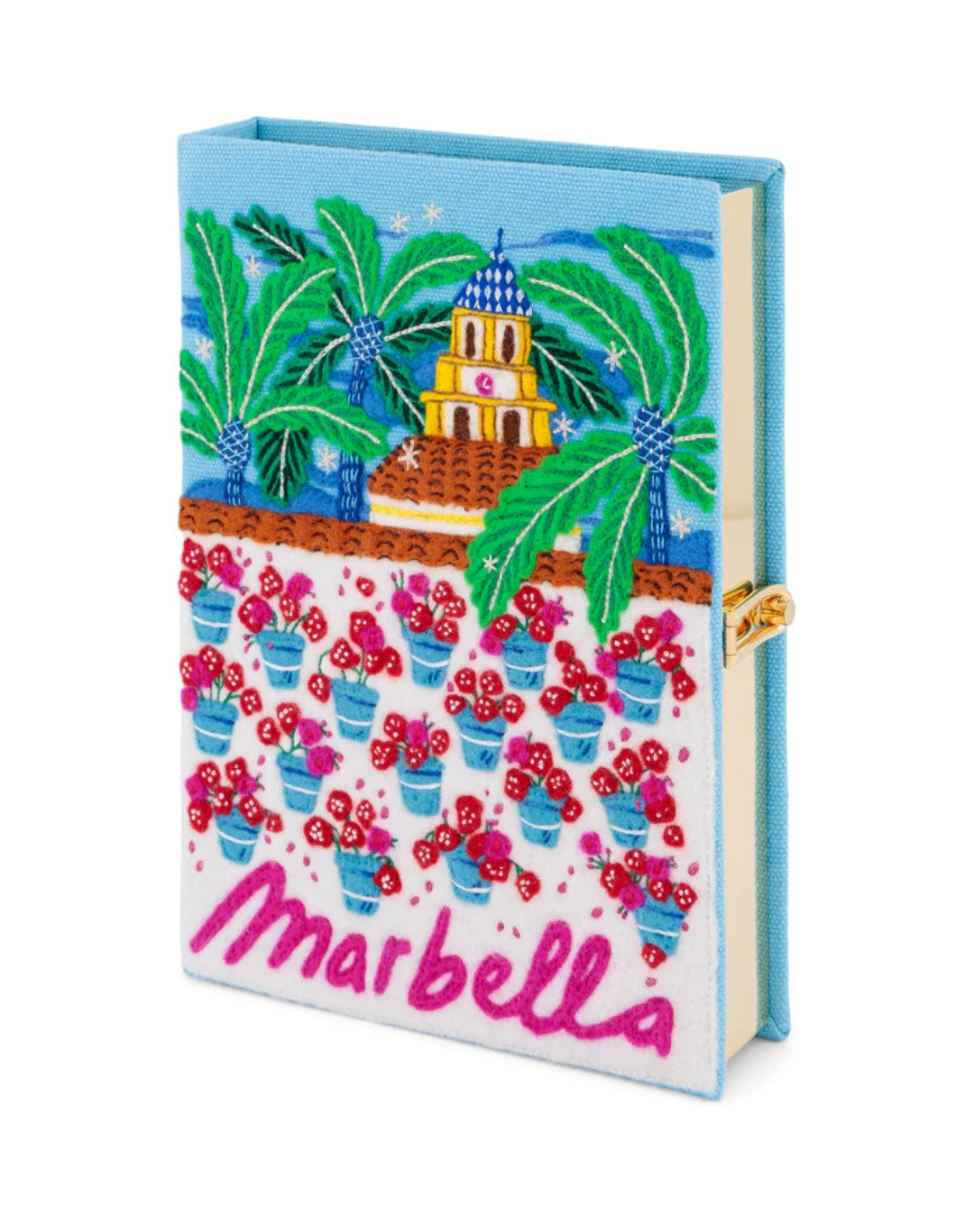 Olympia Le-Tan Marbella book clutch three-quarter view showing hand-embroidered front with palm trees, church, and geraniums in blue pots