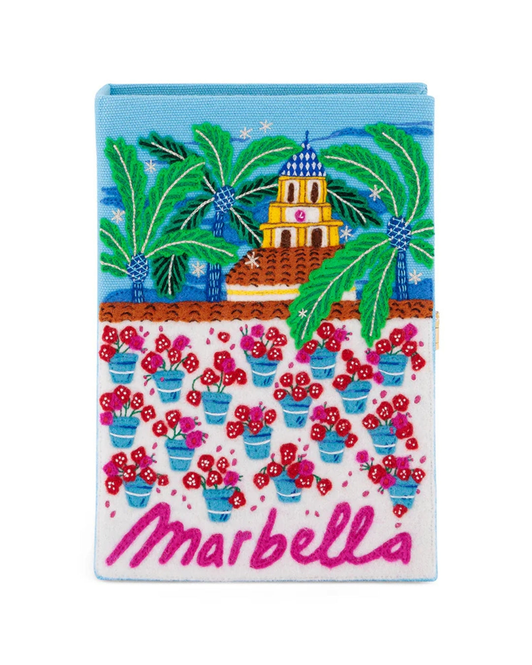 Olympia Le-Tan Marbella book clutch front view showing full embroidered illustration and pink Marbella lettering