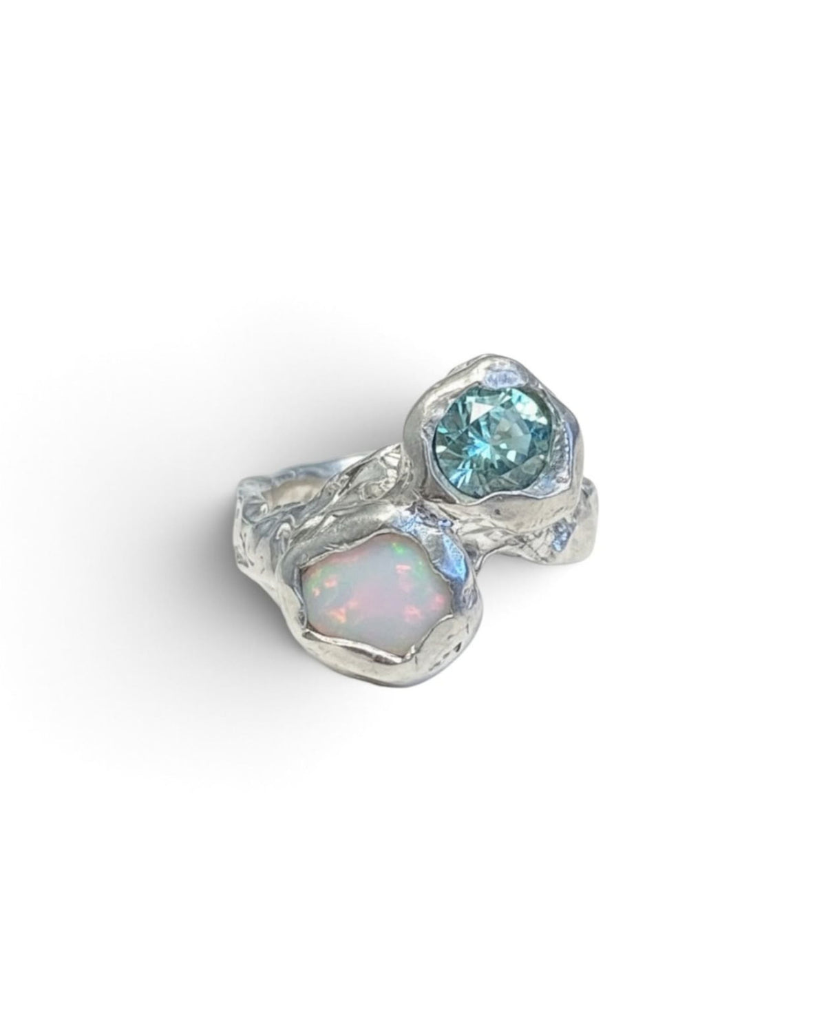 Camila D. Daneri Opal &amp; Moissanite Ring in sterling silver, top view showing both stones