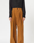 Plan C Camel Boyfriend Trouser in Nylon. Slightly oversized style with high waist and double button front closure. Pleated front panels and loose fit. Photo shown on model facing front.