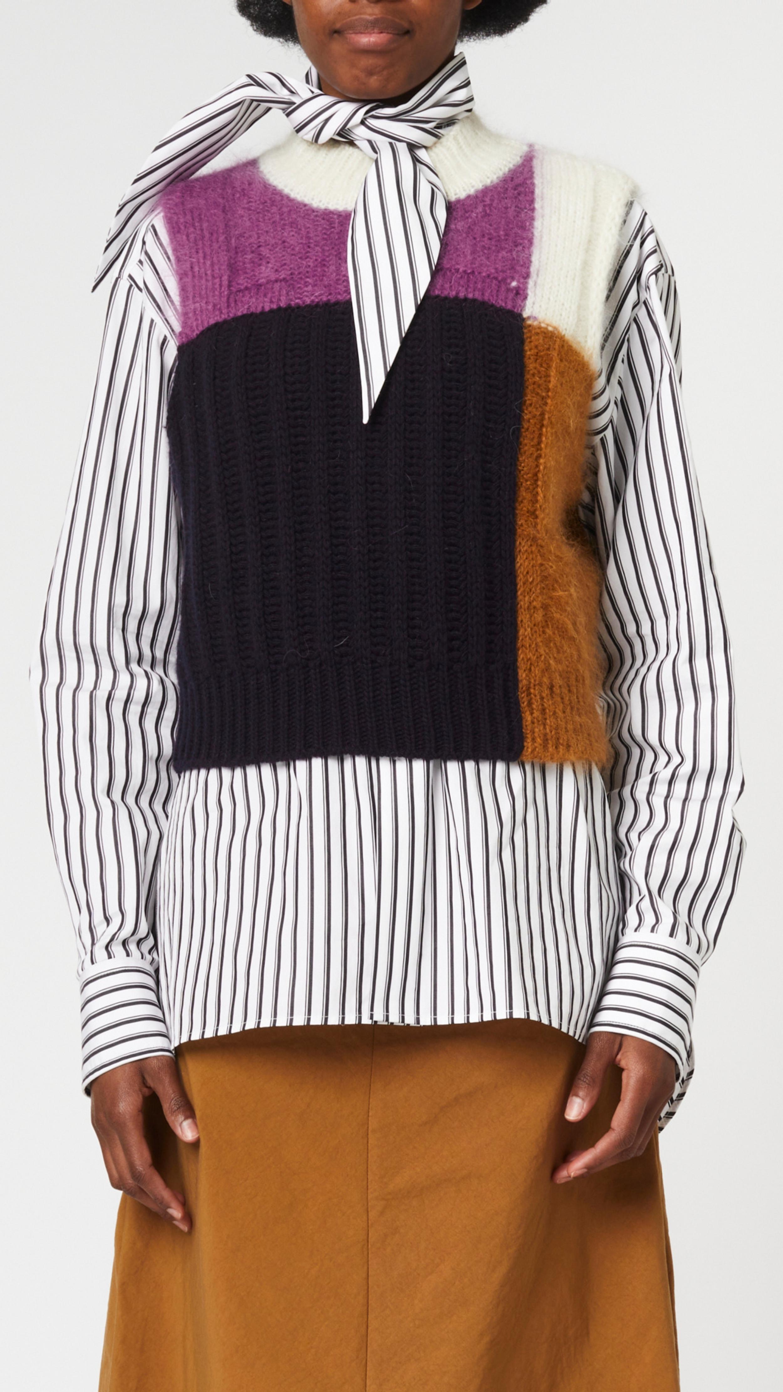 Plan C Color Block Vest. Sleeveless vest style in squares of black, purple, camel and white alpaca and wool blend knit. Shown on model facing front.