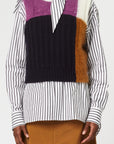 Plan C Color Block Vest. Sleeveless vest style in squares of black, purple, camel and white alpaca and wool blend knit. Shown on model facing front.
