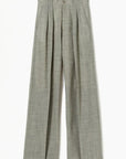 Plan C Pleated Melange Wide Leg Pants. tailored-cut and high-rise fit and wide leg trouser. With double pleating, button fastening closure, and pockets. Made in Italy from a light weight grey melange wool panama weave. Product photo shown from the front.