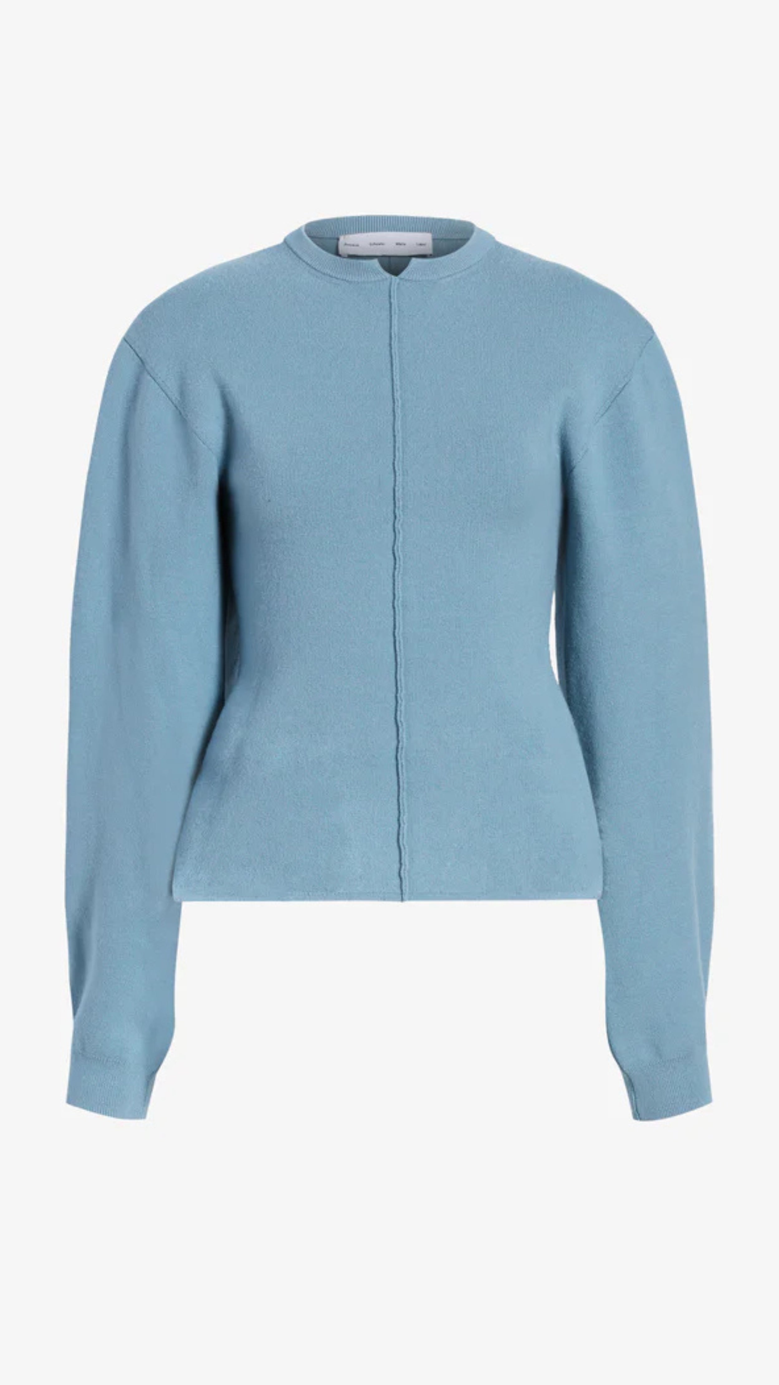 Lark blue Souffle Knit pullover sweater with classic crew neckline, slightly puffed sleeves, center hemline, and V cut at the collar.