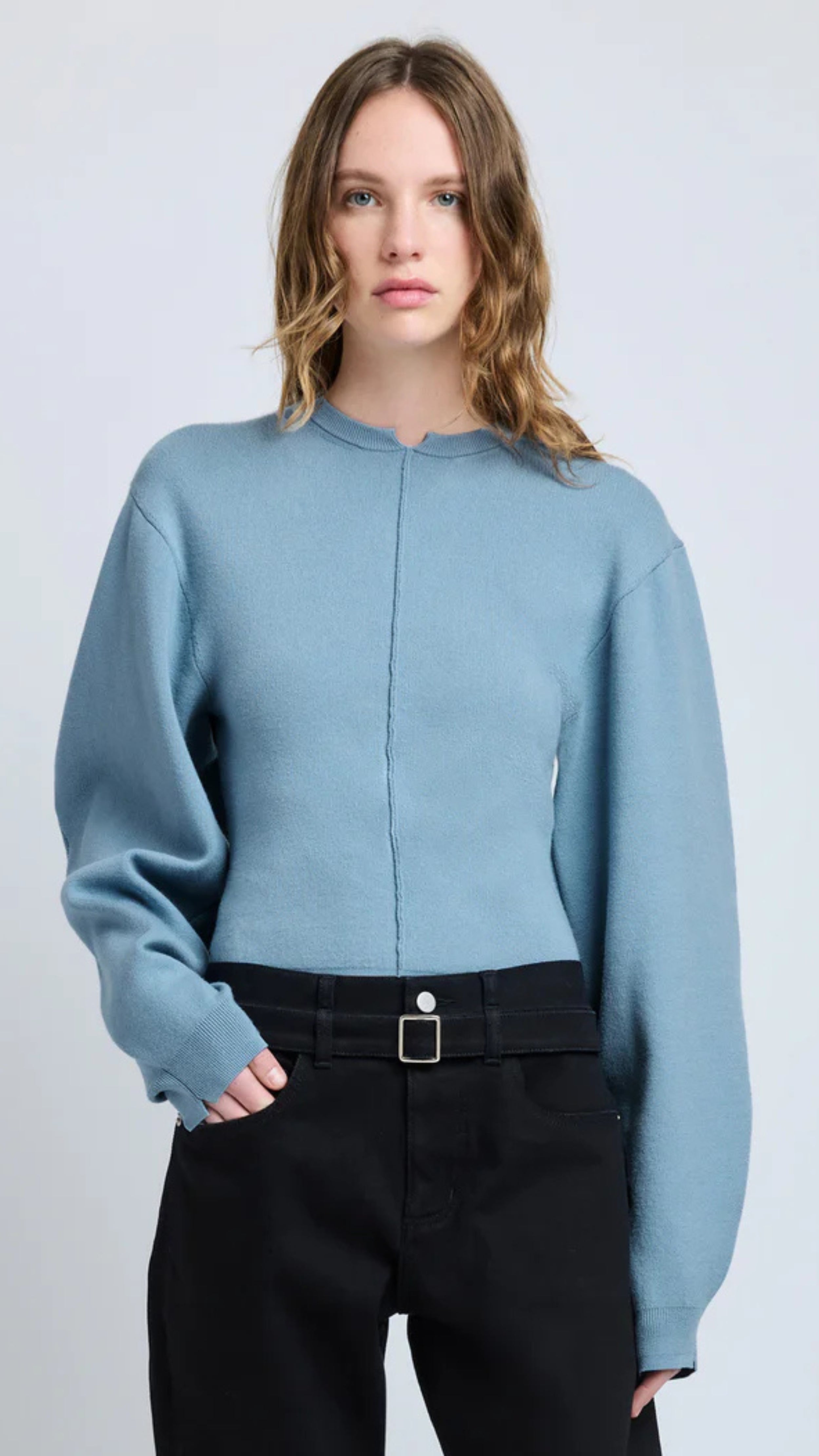 Lark blue Souffle Knit Carolina sweater with classic crew neckline, slightly puffed sleeves, and v-cut collar by Proenza Schouler.