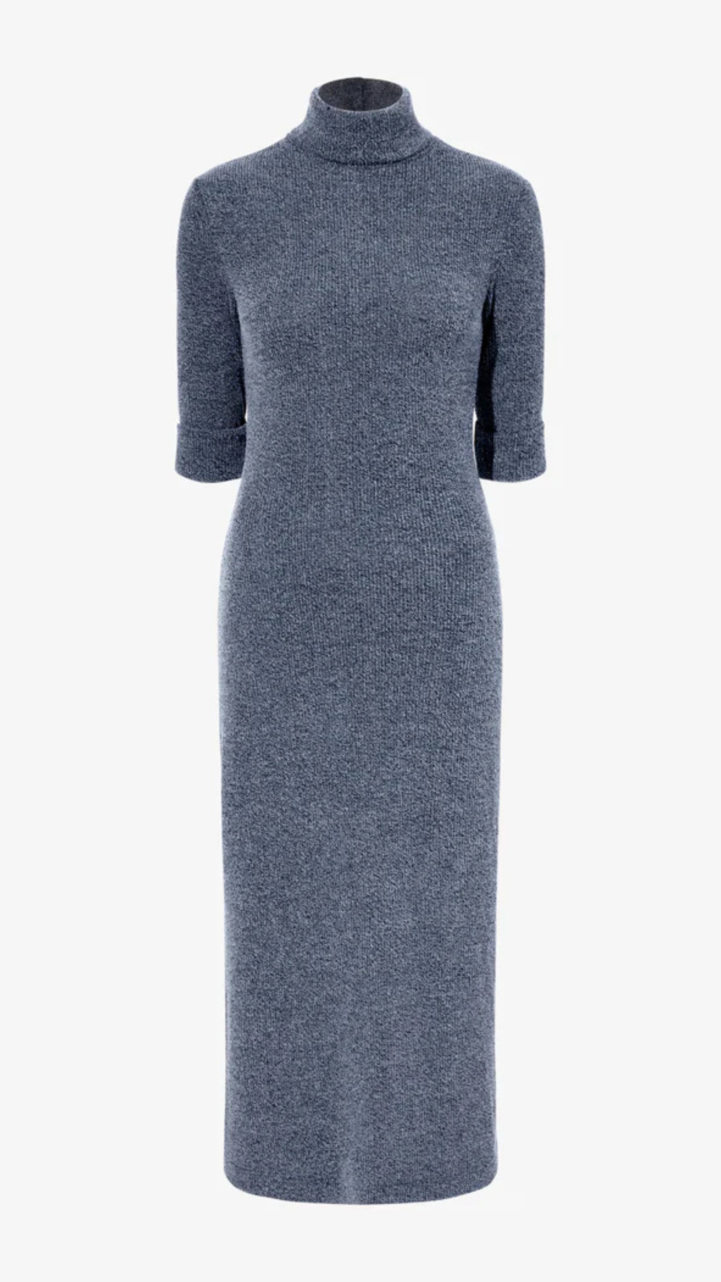 Grey blue boucle knit dress with mock turtle neckline, slim silhouette, cap sleeves, buttoned back placket, center back slit.