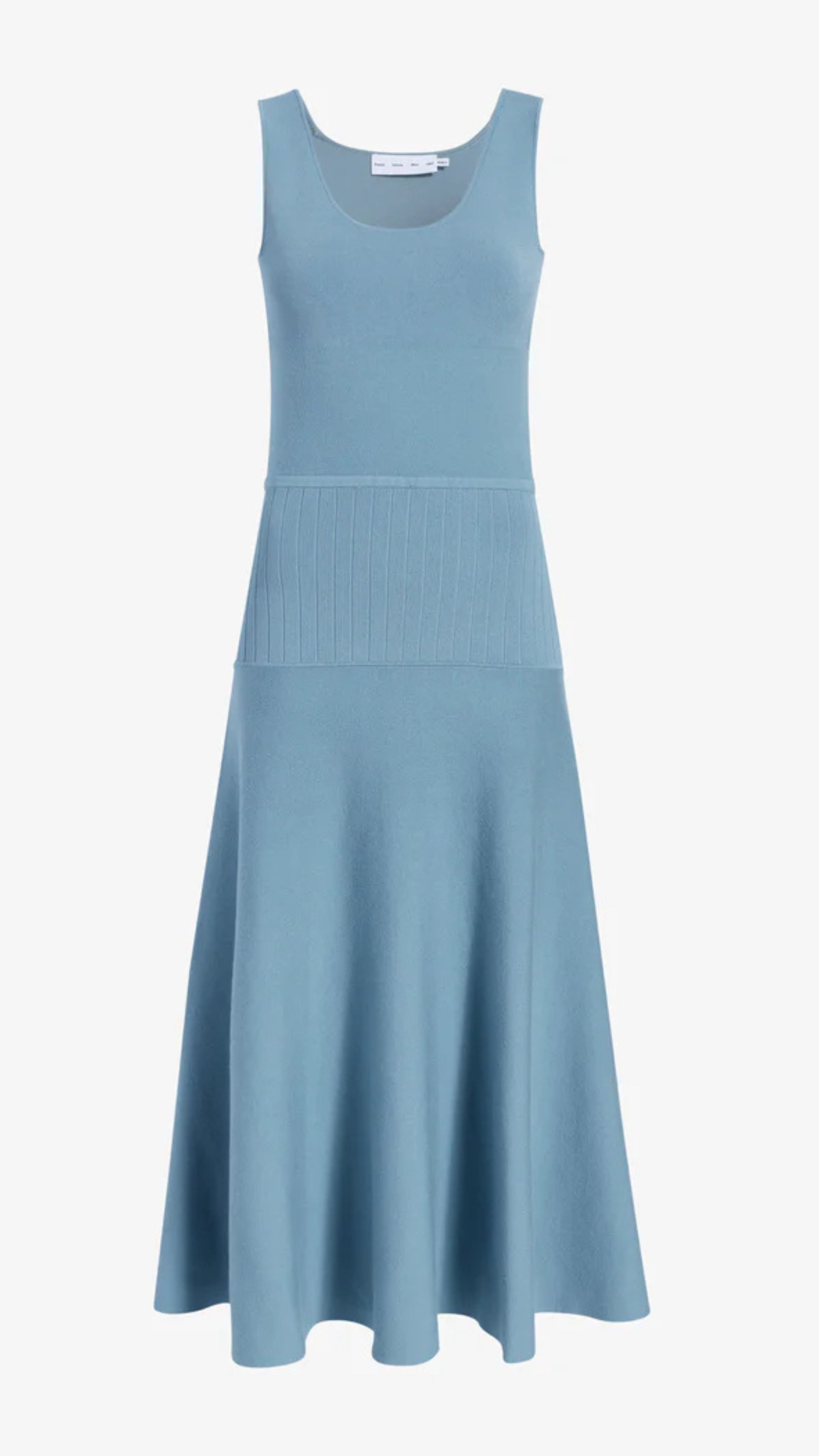 Lark blue Lucia Dress in Souffle Knit by Proenza Schouler, featuring a sleeveless scoop neck and midi length with beautiful knit textures.