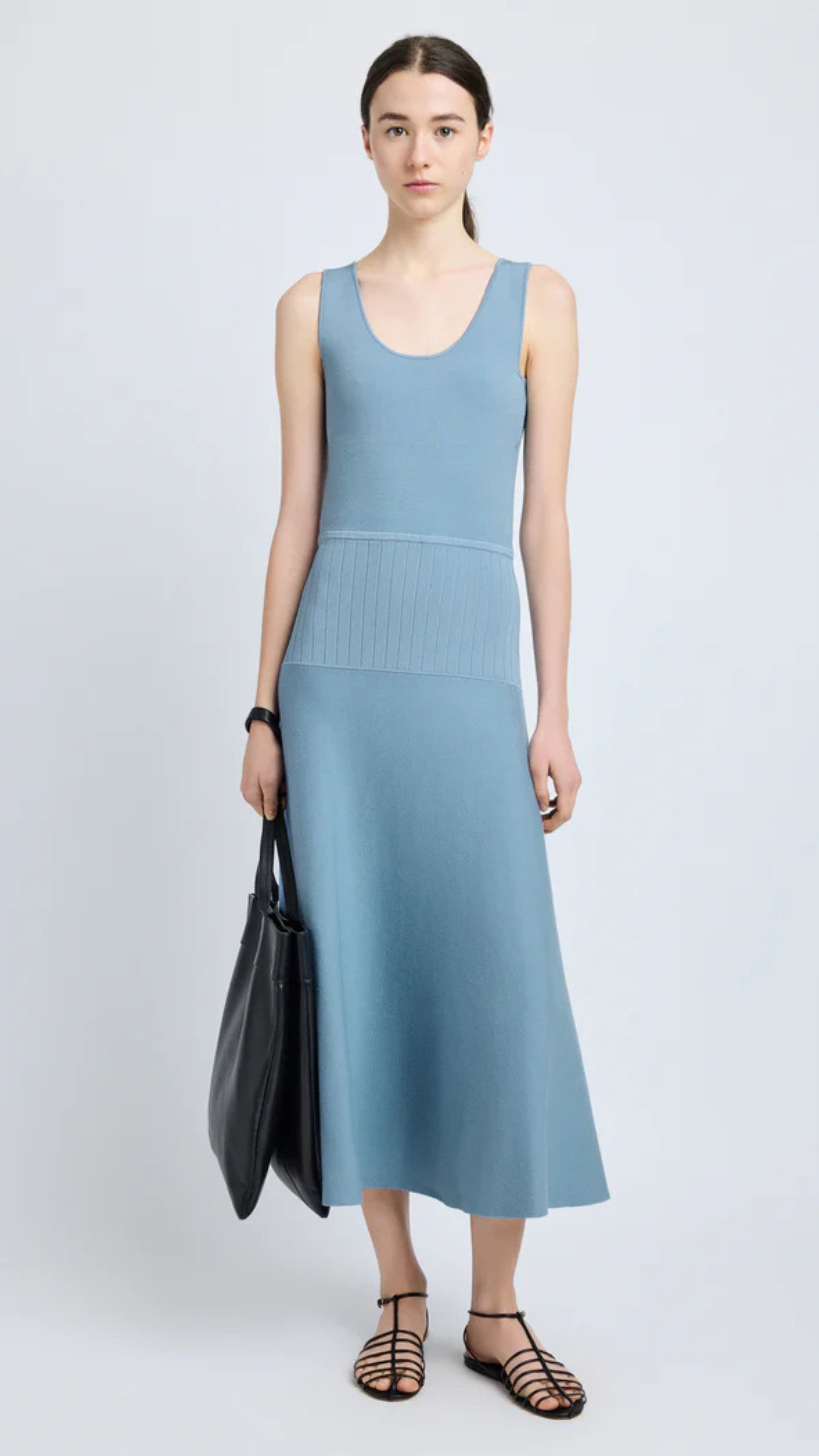 Lark blue Lucia Dress in Souffle Knit, sleeveless with scoop neck and midi length, showcasing varying knits for beautiful texture.