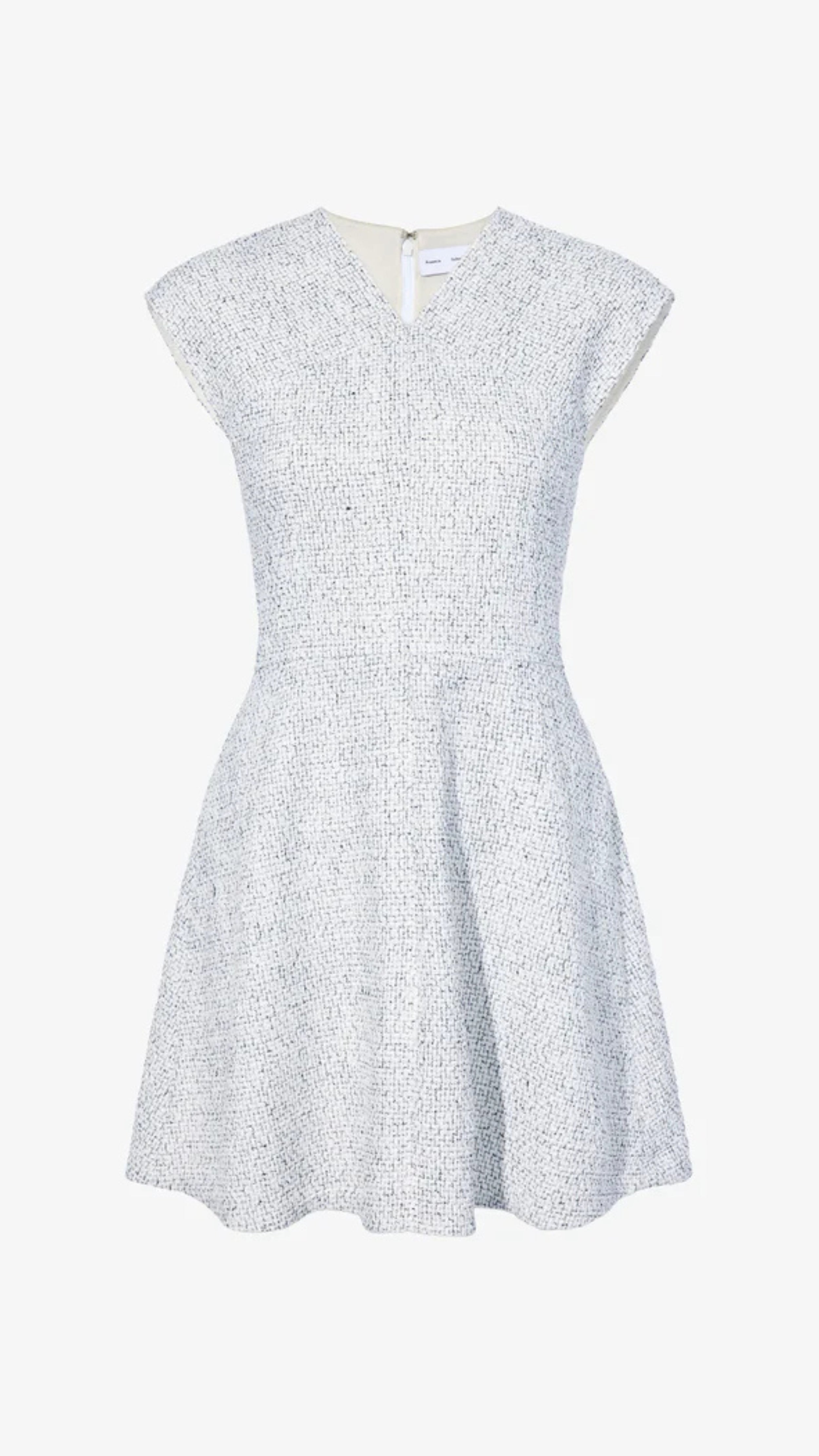 Light blue tweed mini dress with sculptural A-line skirt, V-neckline, cap sleeves, and hidden back zipper.