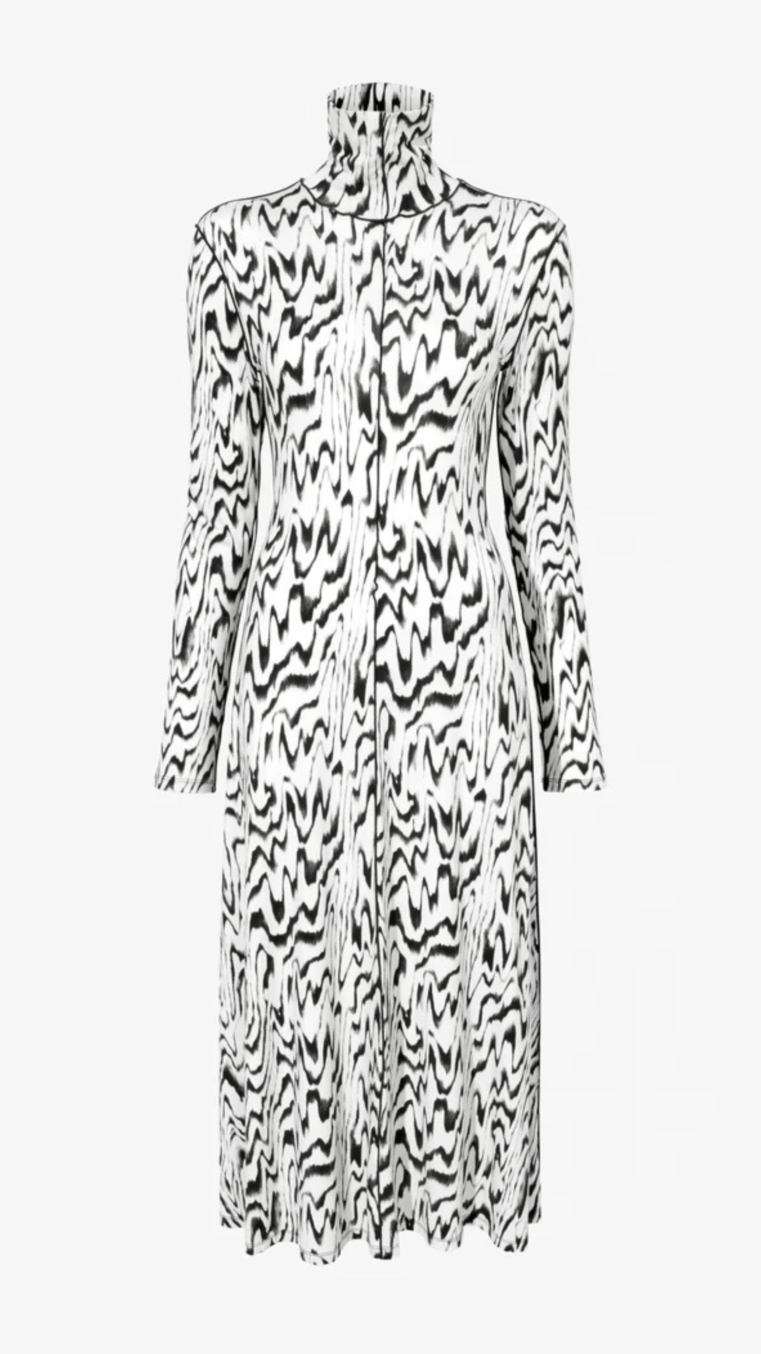 Black and white abstract printed jersey mid-length dress with folded neck and long sleeves by Proenza Schouler.