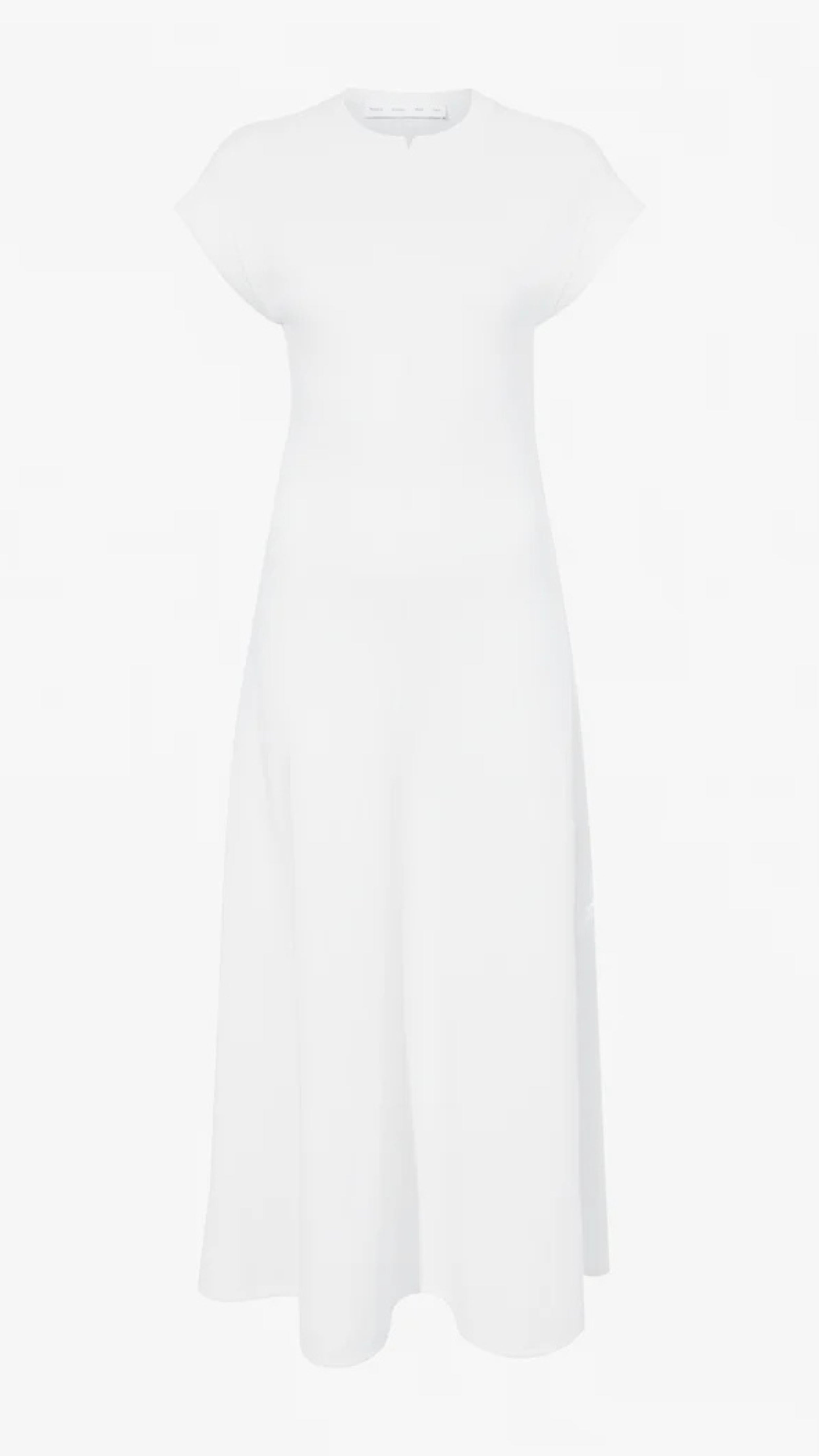 White soufflé rib Melanie dress with crew neckline, cap sleeves, and long A-line skirt by Proenza Schouler.