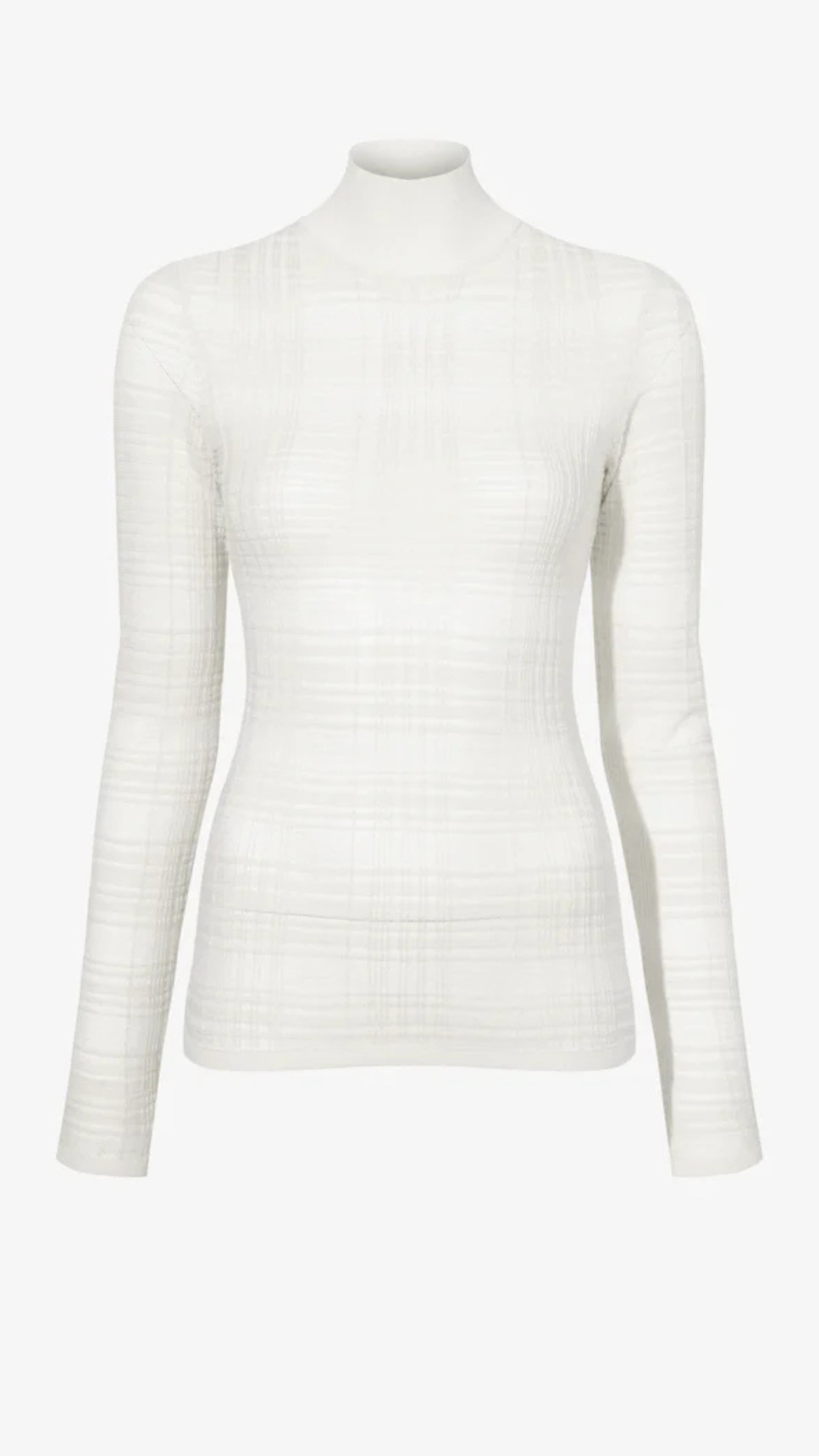 Semi-sheer knit sweater with alabaster plaid print, mock neckline, and long sleeves for a streamlined silhouette.