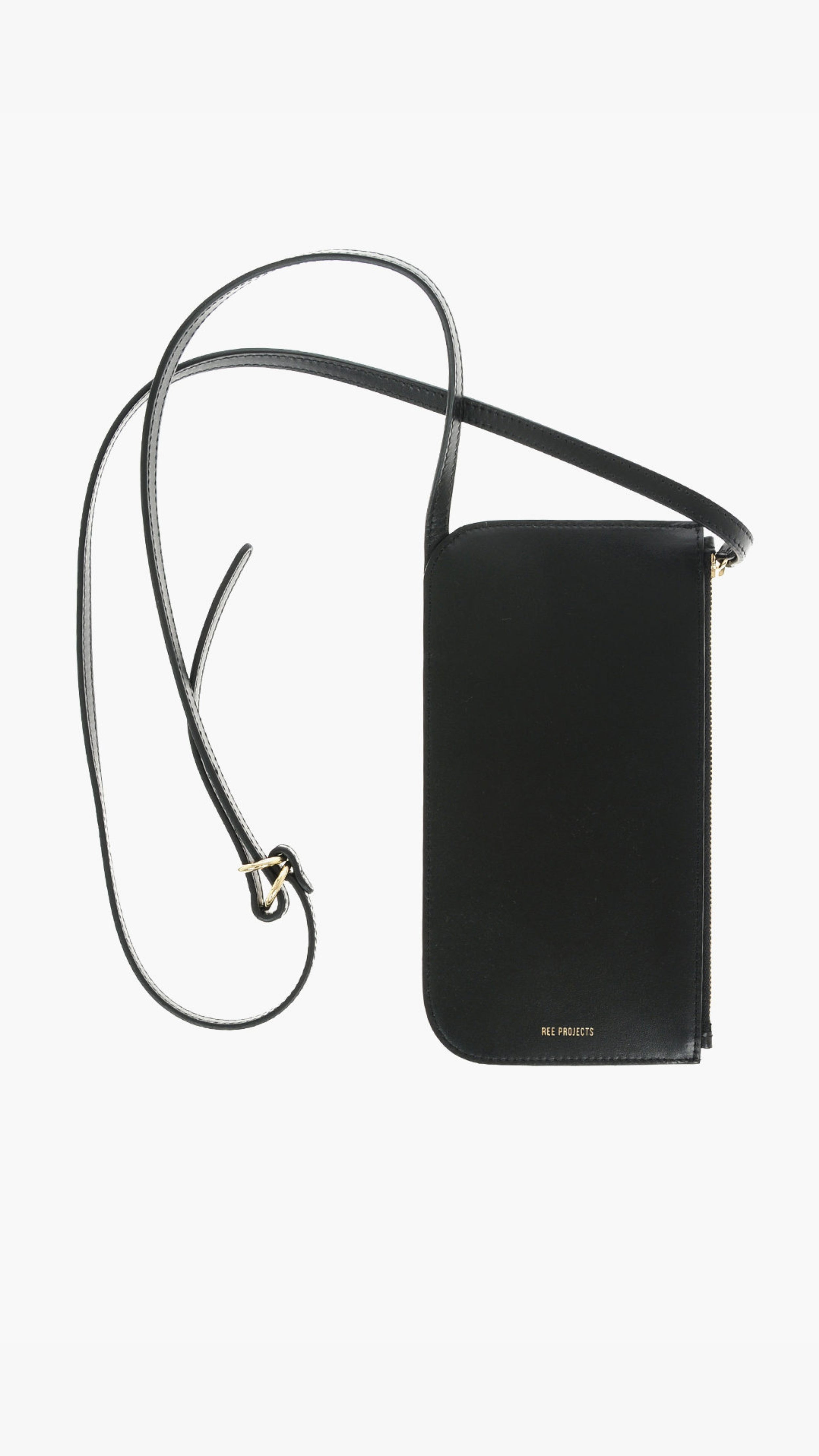 Ree Projects, Do Neck Pouch in Black.  A small crossbody of necklace pouch purse to store your phone and other small items. It features adjustable straps to make it easy to wear across the body as a neck pouch or over the shoulder bag. The exterior pocket features a card holder and a side zip closure for added security. Its has light gold tone hardware and single interior compartment. Product photo shown from front.