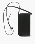 Ree Projects, Do Neck Pouch in Black.  A small crossbody of necklace pouch purse to store your phone and other small items. It features adjustable straps to make it easy to wear across the body as a neck pouch or over the shoulder bag. The exterior pocket features a card holder and a side zip closure for added security. Its has light gold tone hardware and single interior compartment. Product photo shown from front.