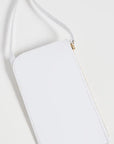 Ree Projects, Do Neck Pouch in White.  A small crossbody of necklace pouch purse to store your phone and other small items. It features adjustable straps to make it easy to wear across the body as a neck pouch or over the shoulder bag. The exterior pocket features a card holder and a side zip closure for added security. Its has light gold tone hardware and single interior compartment. Shown from the top.