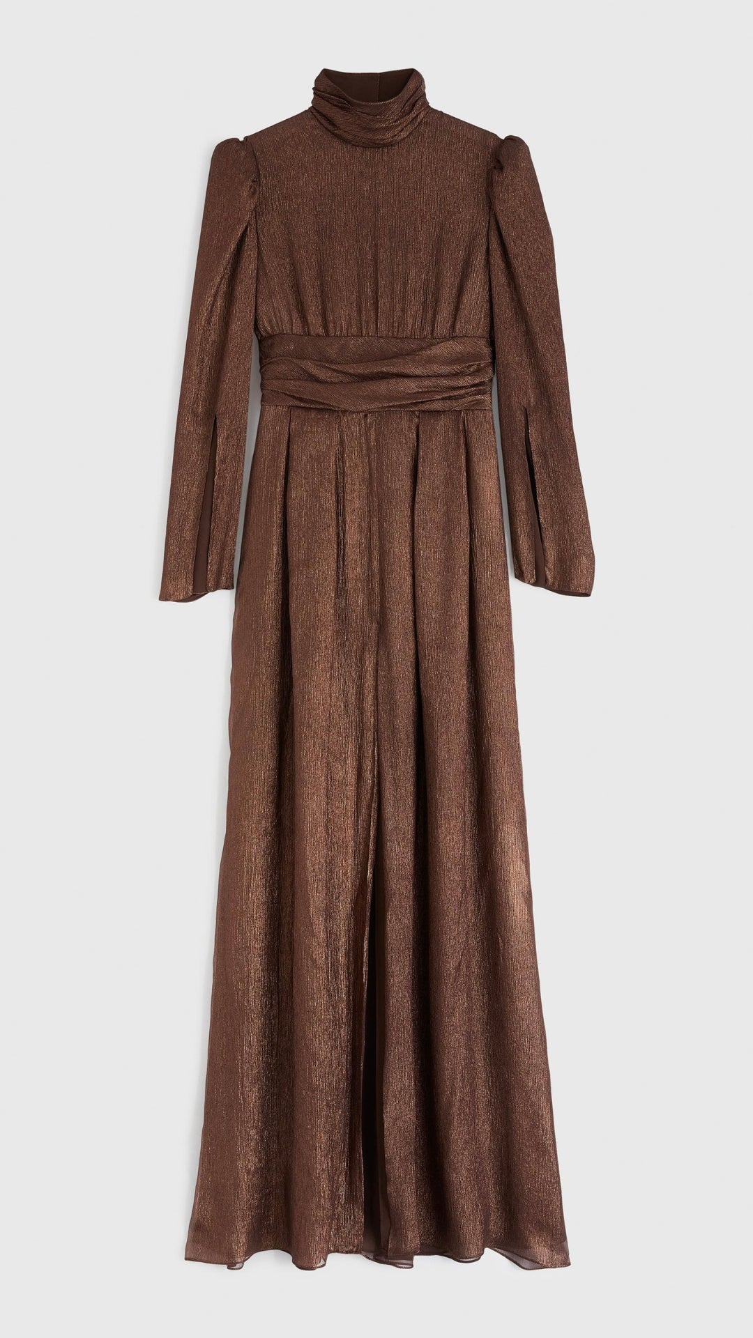 Rochas Paris Lame Creponne Gown. Bronze toned silk lame creponne with a mock neckline, cinched waist and pleated skirt that  falls to the ankle.  This dress has slightly heightened shoulder. A product photo of the gown facing front.