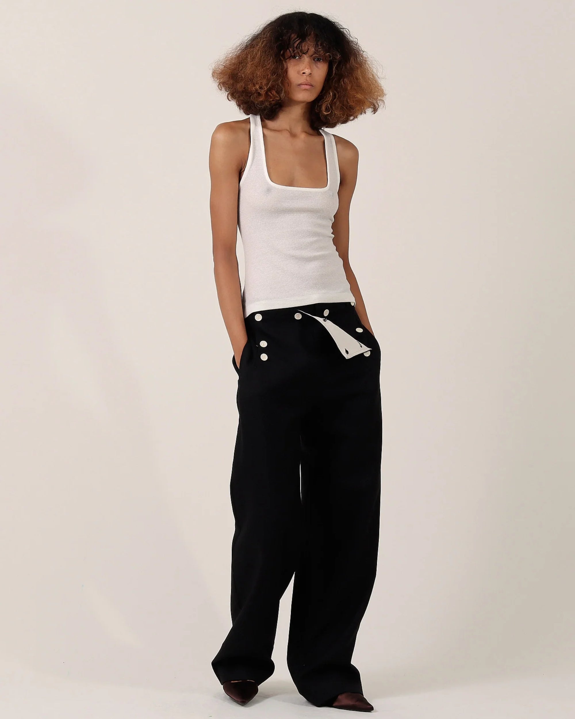 S.S. Daley — Mariner Buttoned Trousers Black — detail of ecru button front