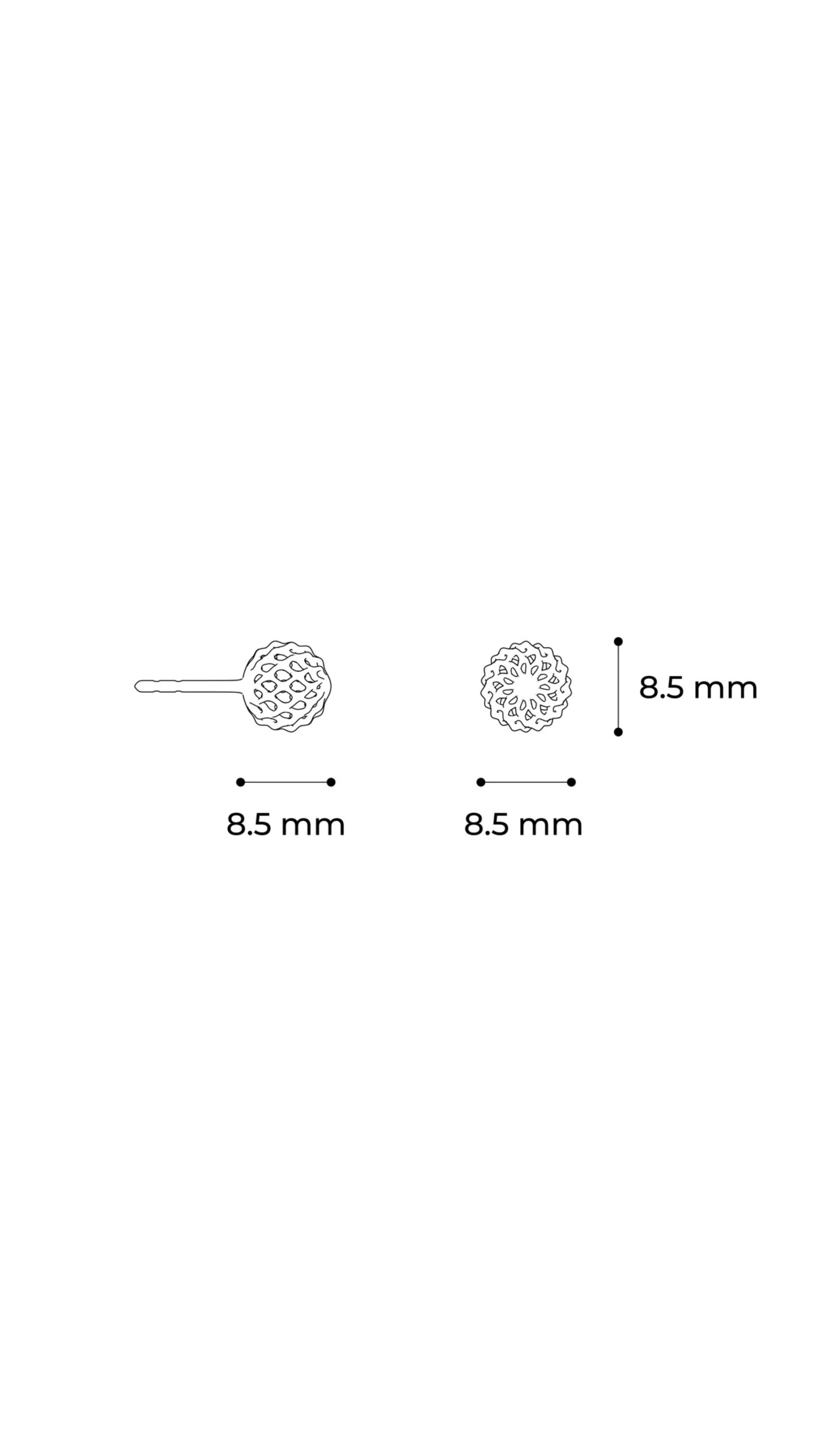 Dimensions of Iva Stud Earrings showing architectural design with an 8.5 mm woven style, available in 18K fine gold jewelry.