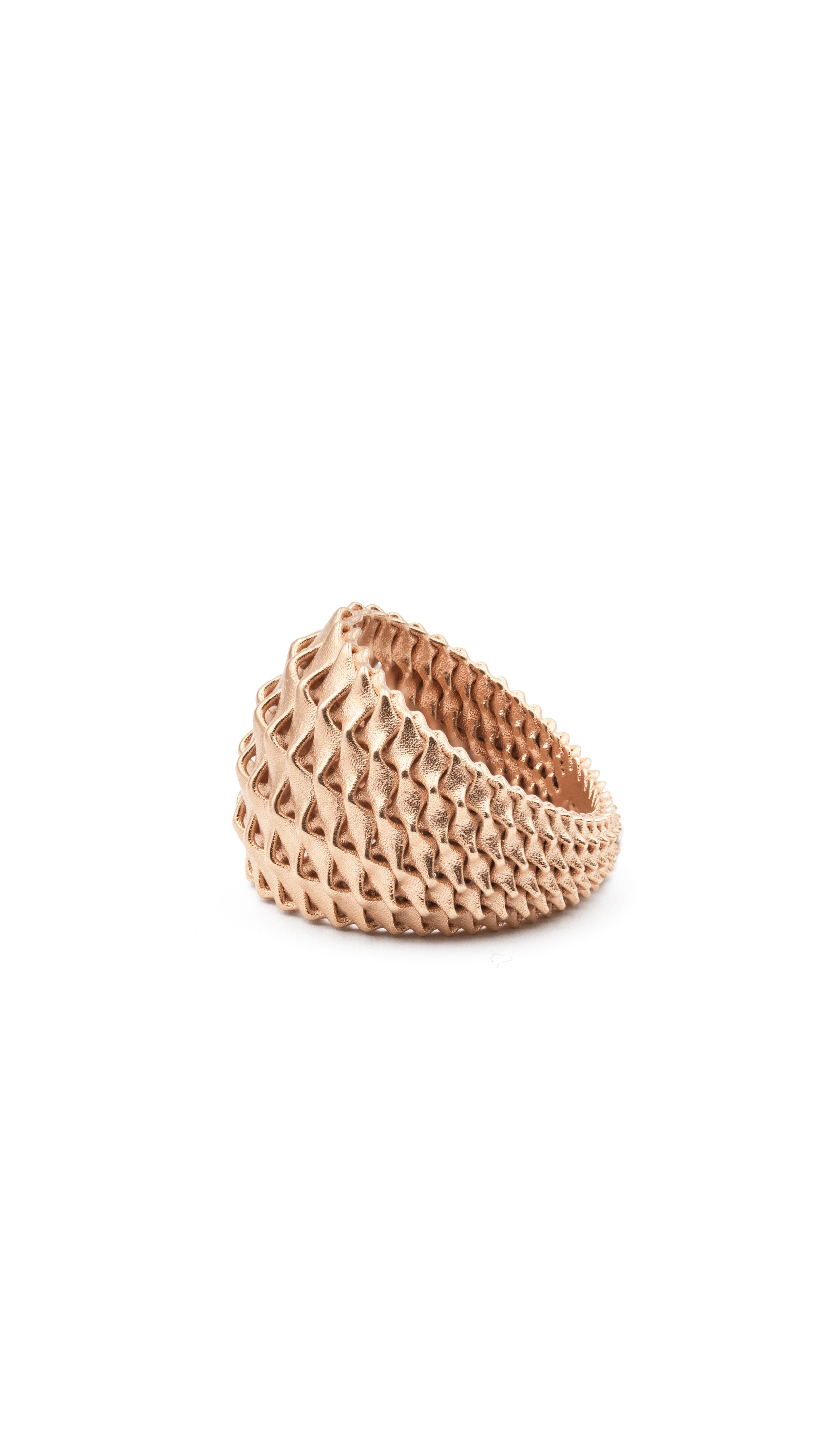 Emi Cocktail Ring in 18K Gold with double curved grid shells, showcasing architectural features and elegant design.