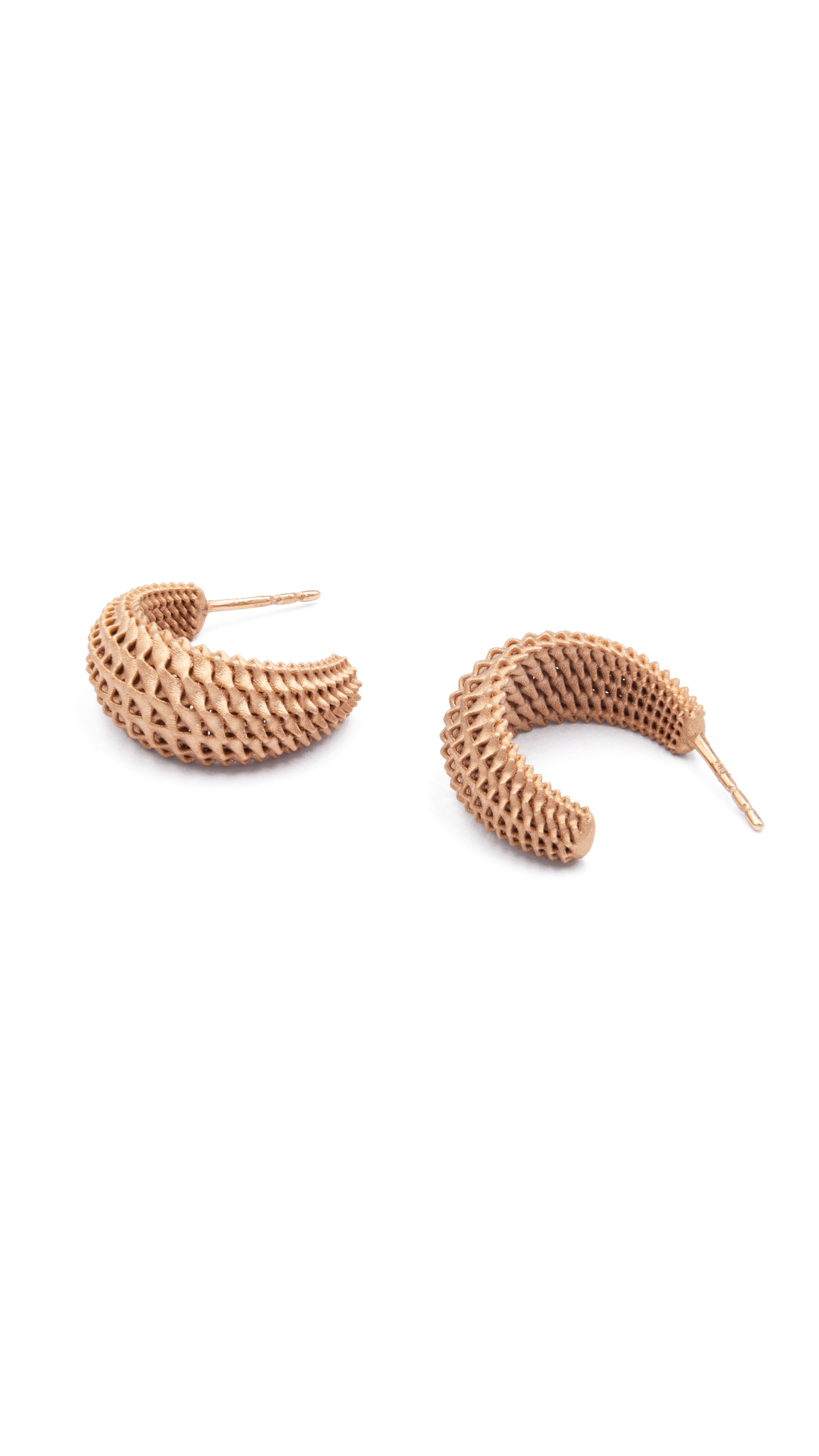 Drop hoop earrings in woven 18K gold with architectural design by Sian, showcasing fine jewelry craftsmanship.