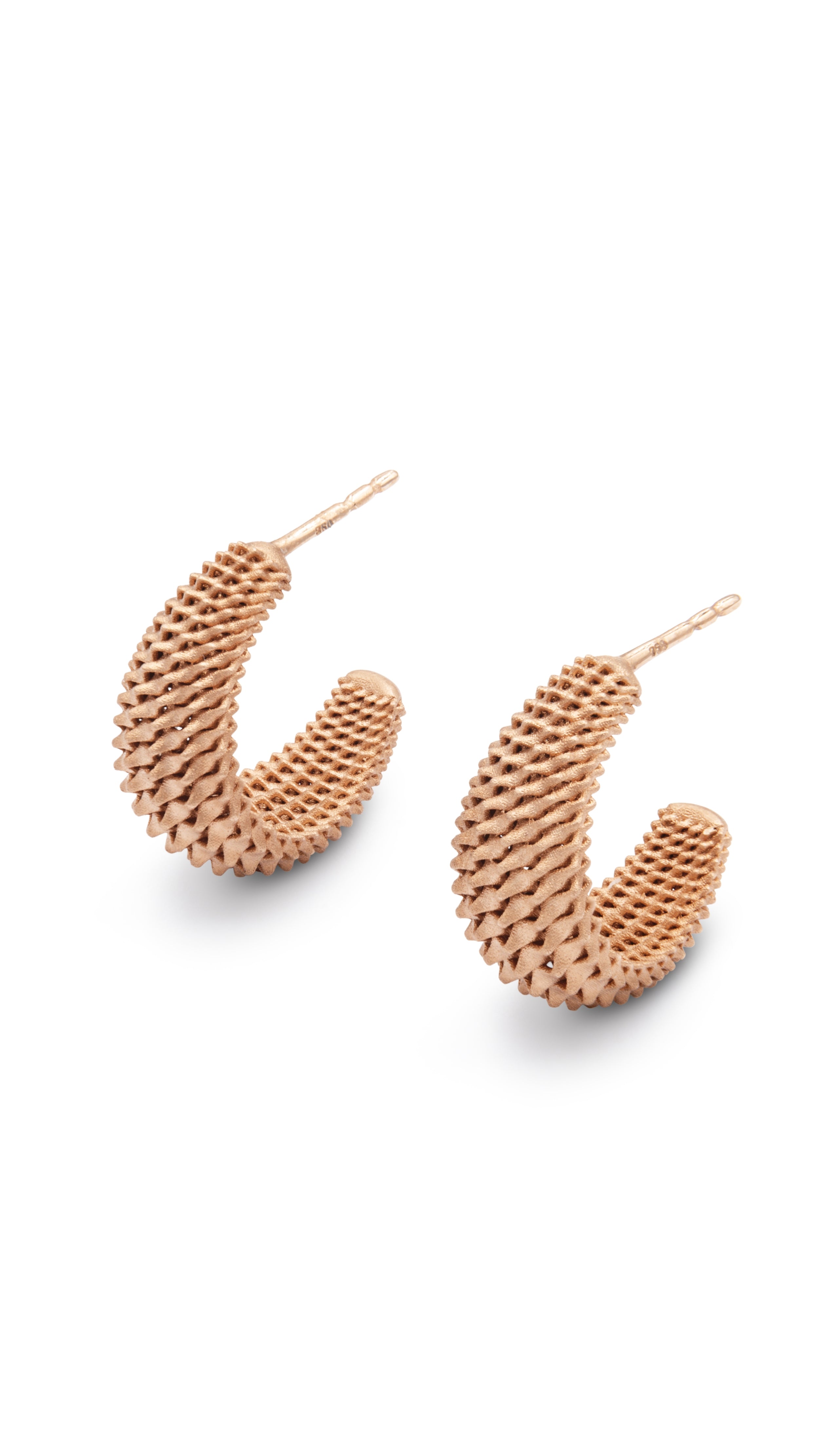 Elegant drop hoop earrings in 18K gold with a woven pattern, showcasing architectural design by Sian Designs.