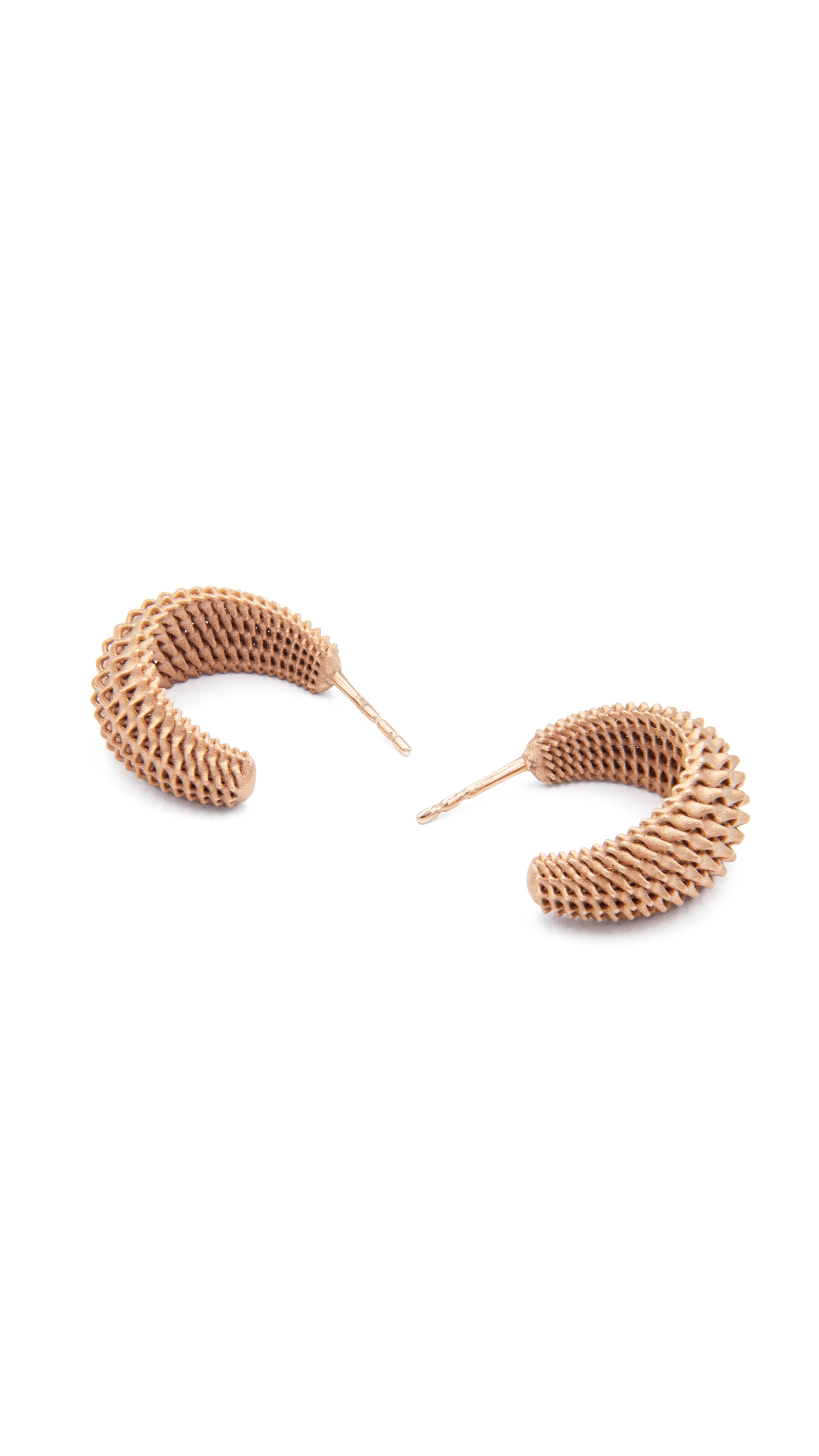 Emi Earrings in 18K gold with woven pattern and architectural design by Sian, showcasing elegant drop hoop fine jewelry.