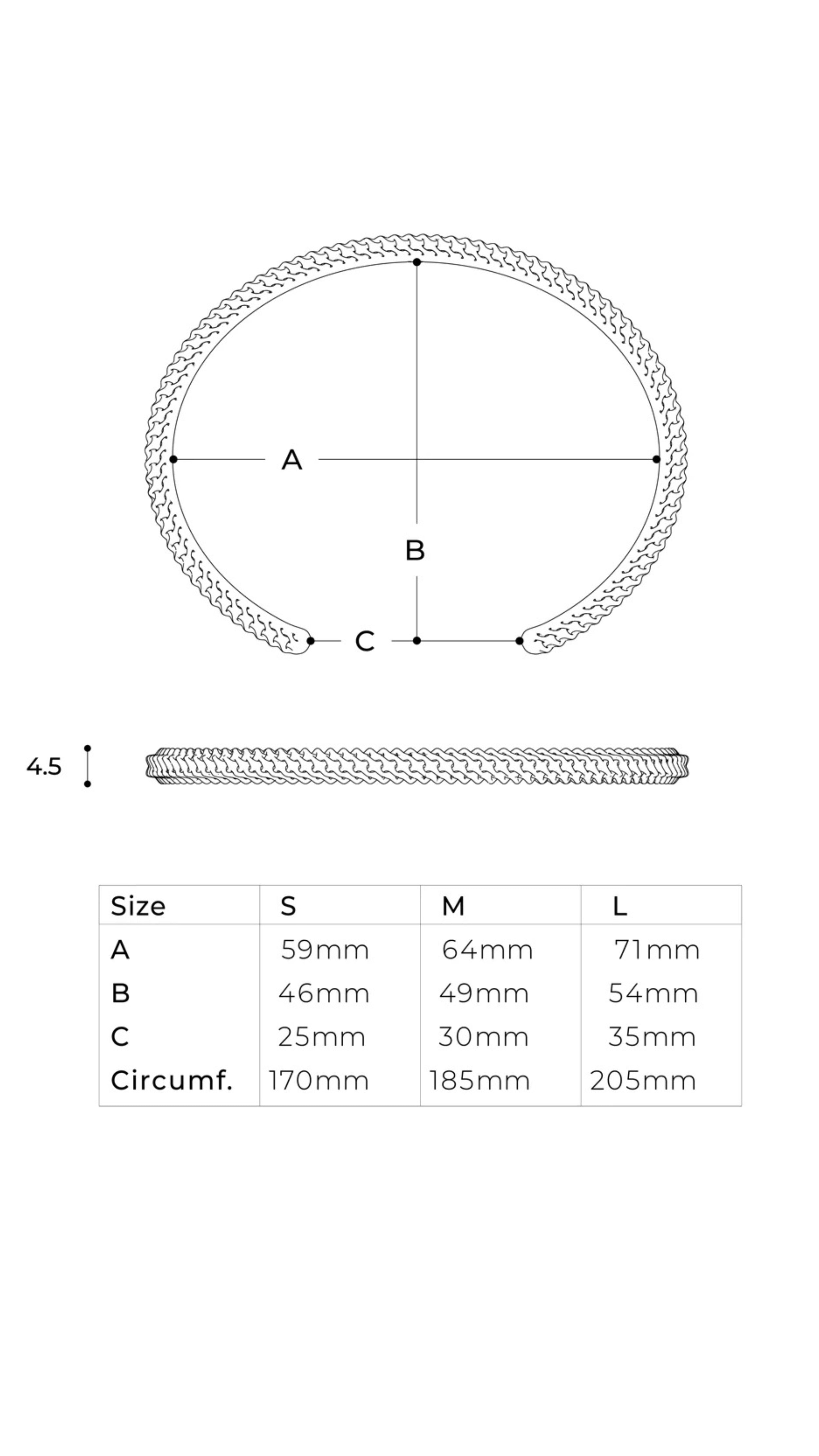 Size guide and dimensions for Ina Bangle, showing measurements A, B, C for sizes S, M, L with circumferences in millimeters.