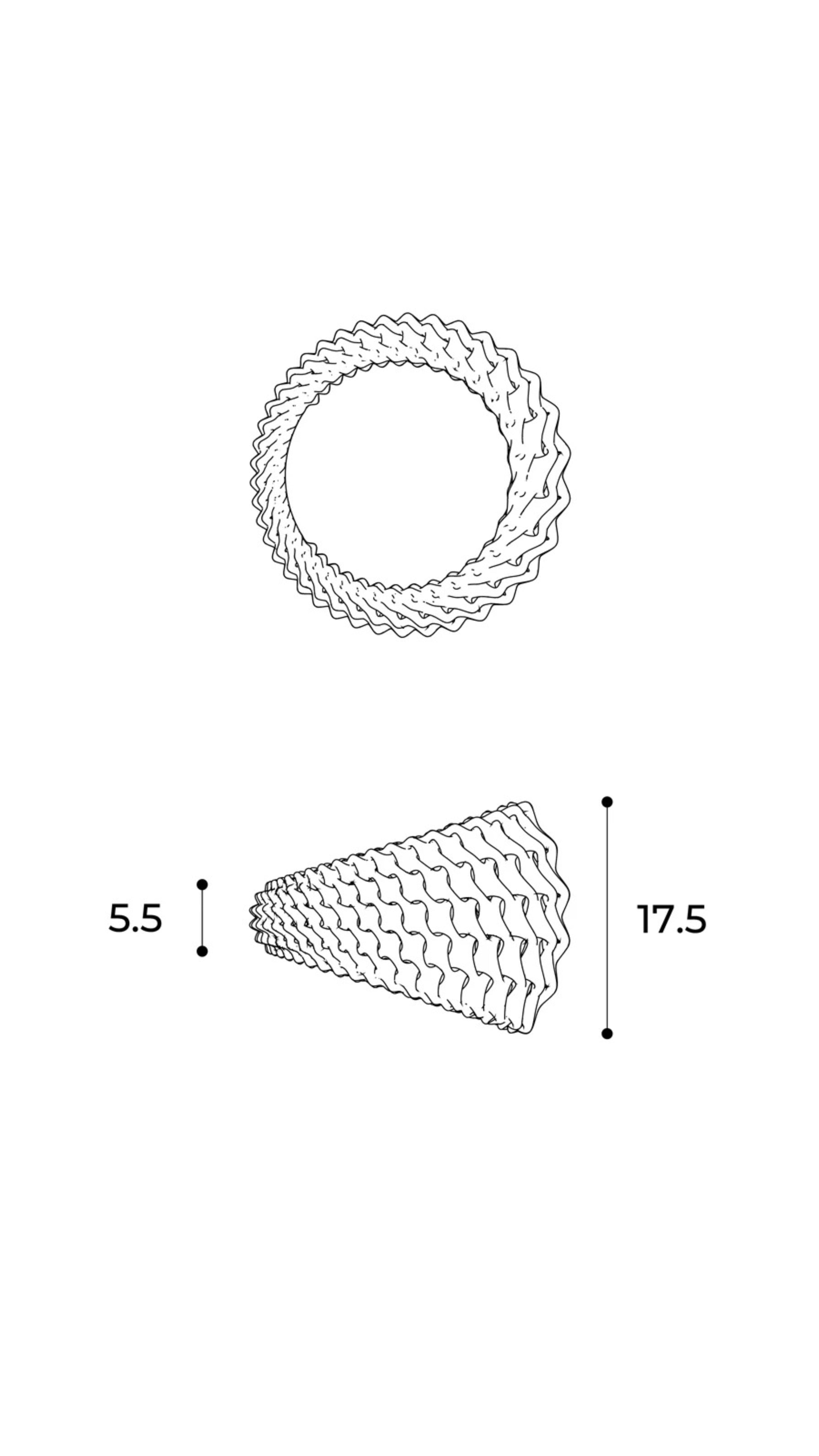 Diagram of Neta Pendant&#39;s interlocked grid shell structure with dimensions, showcasing twisting flow and seamless merging surfaces.