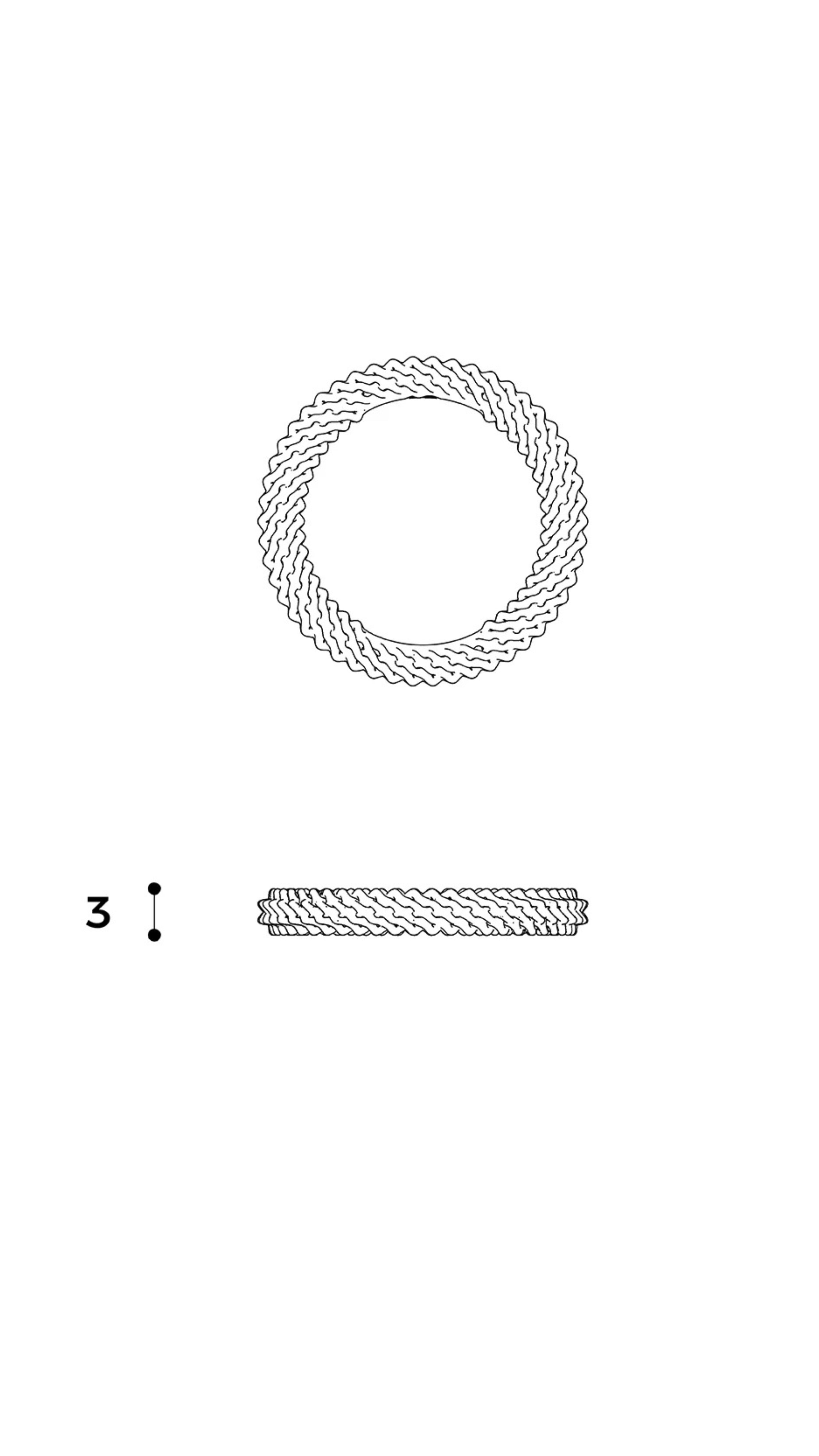 Diagram of Nio Ring with continuous thin eternity band of interwoven strands, showing both top-down and side profile views.