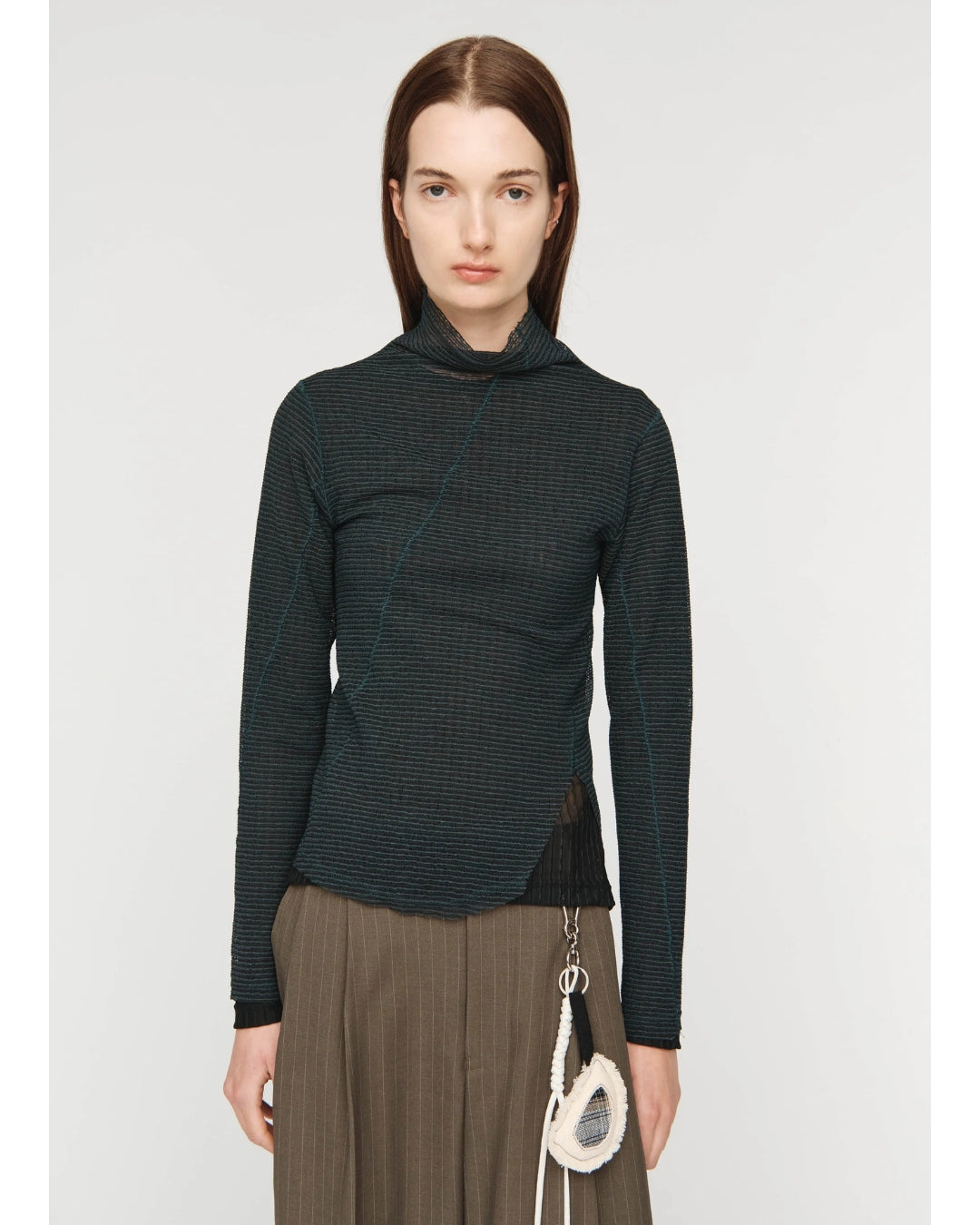 Mock Twisted Neck Top in Zig Zag Knit, Green