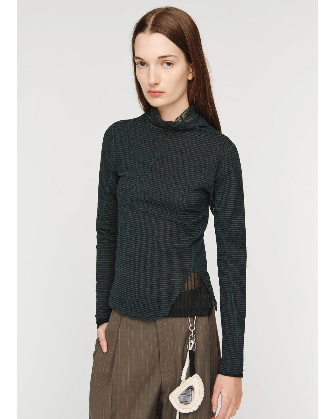 Mock Twisted Neck Top in Zig Zag Knit, Green