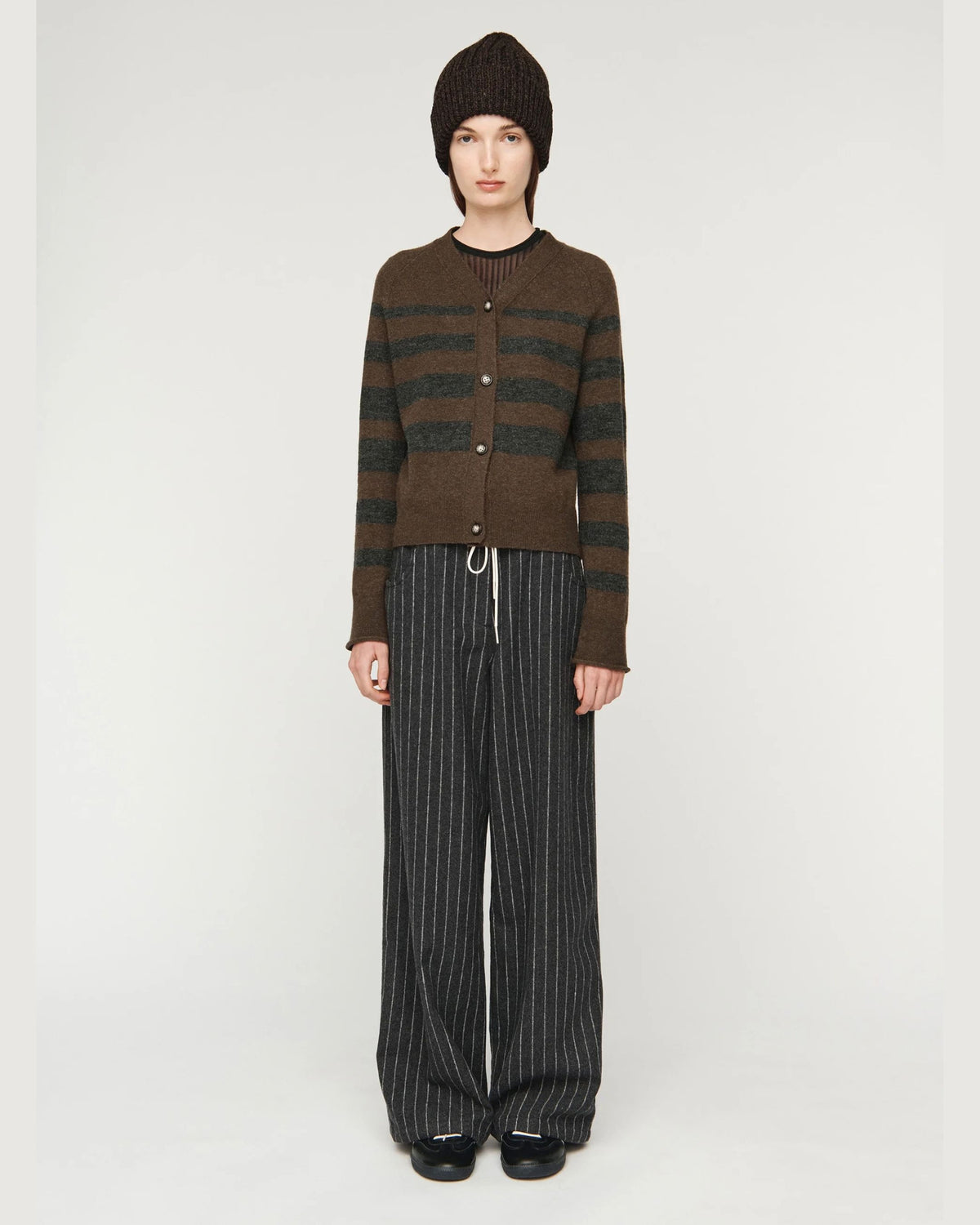 Song for the Mute Button Up Cardigan in Brown/Charcoal, front view on model with beanie