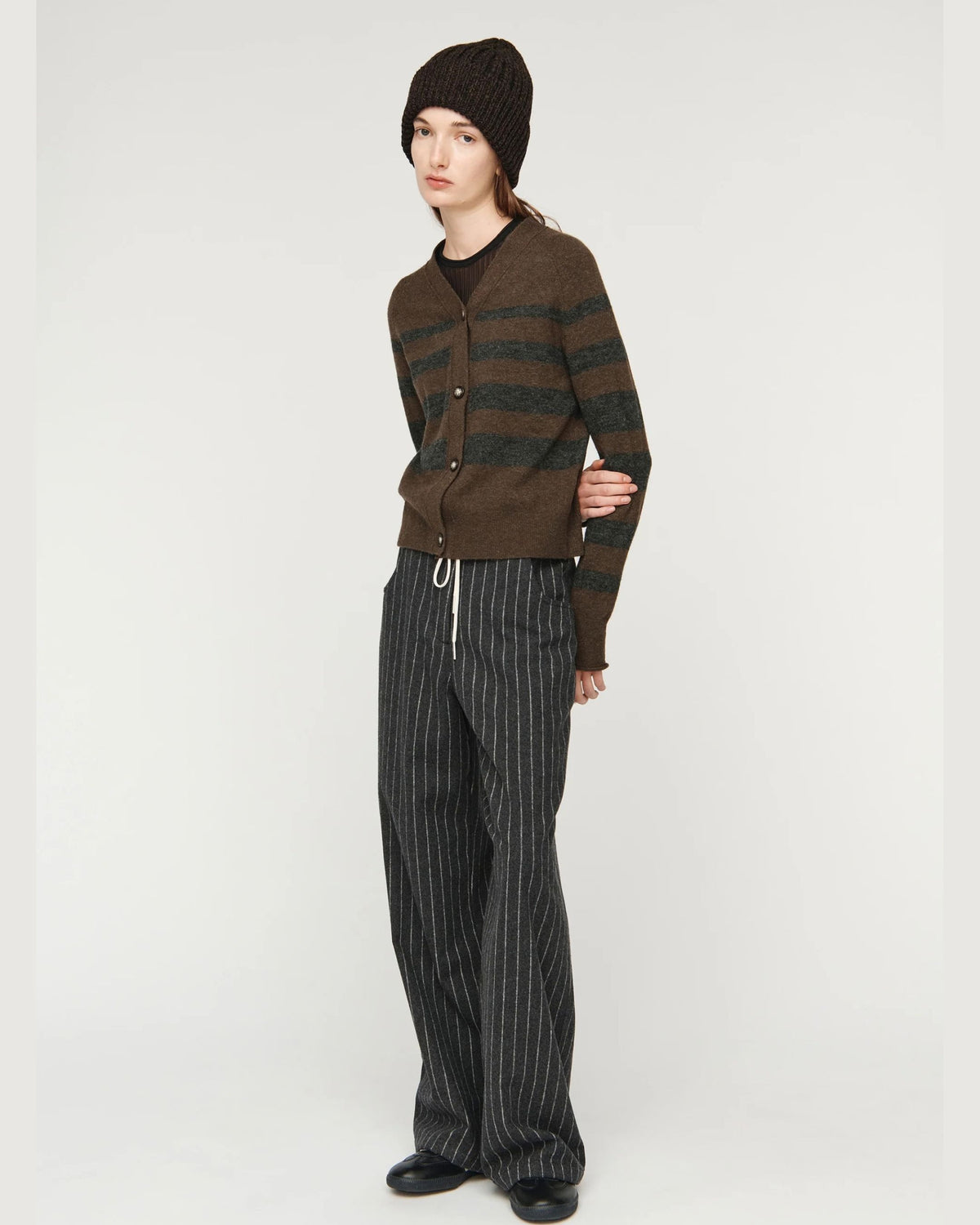 Song for the Mute Button Up Cardigan in Brown/Charcoal, side view on model