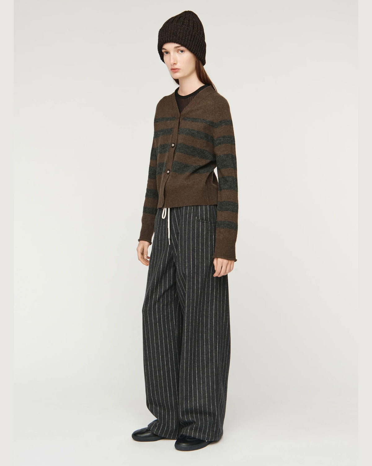 Song for the Mute Button Up Cardigan in Brown/Charcoal, side view on model