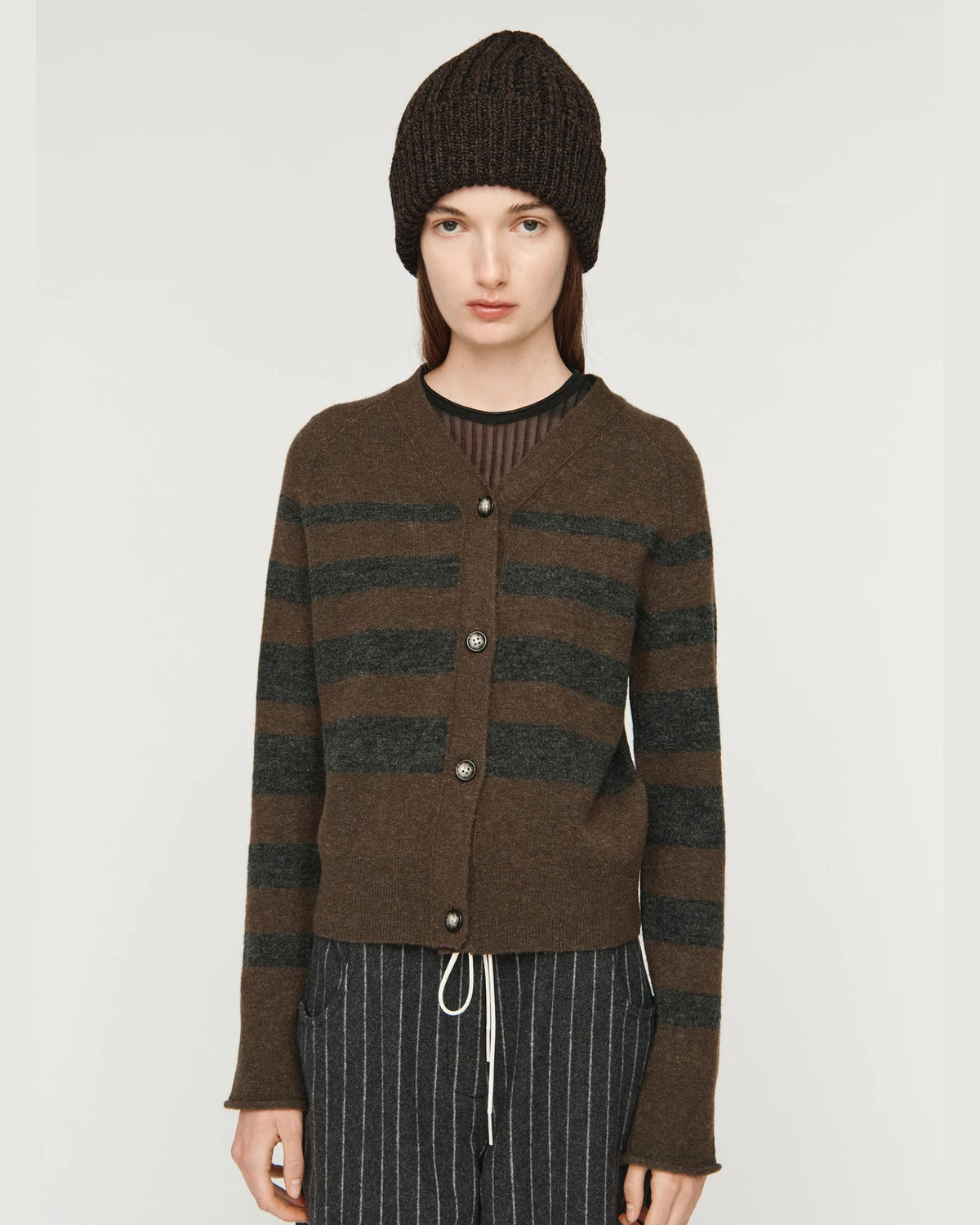 Song for the Mute Button Up Cardigan in Brown/Charcoal, close front view on model