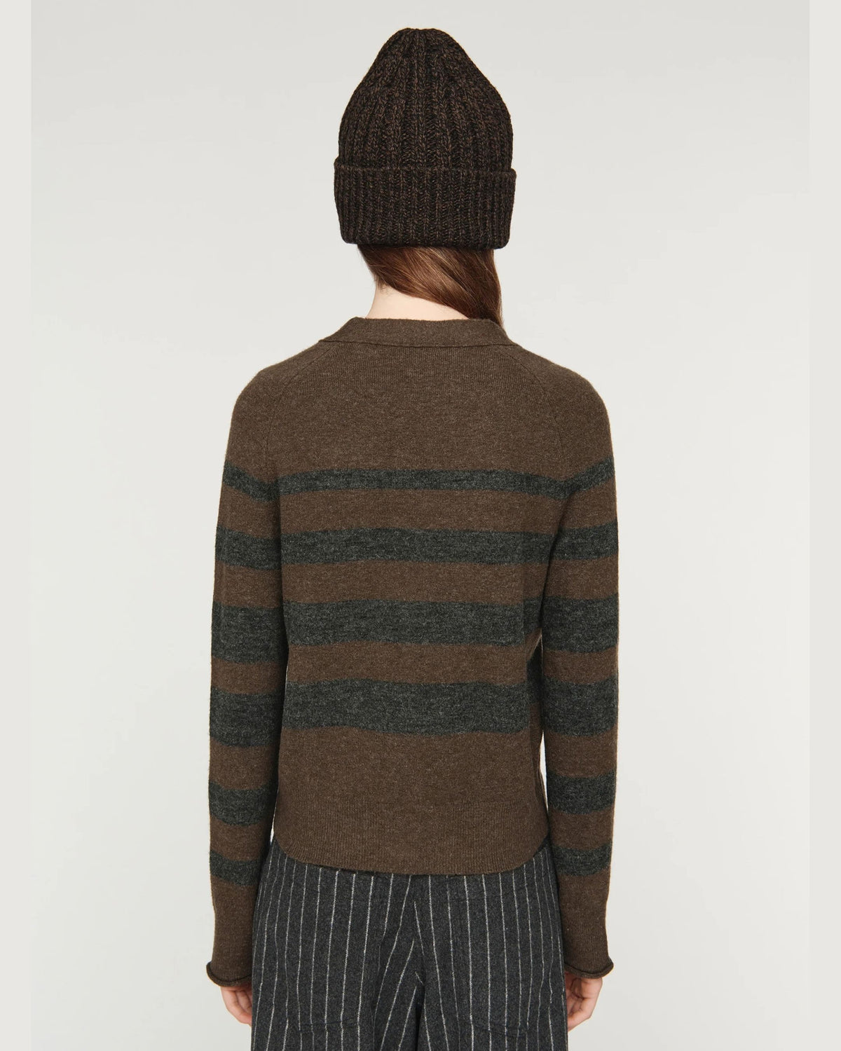 Song for the Mute Button Up Cardigan in Brown/Charcoal, back view on model