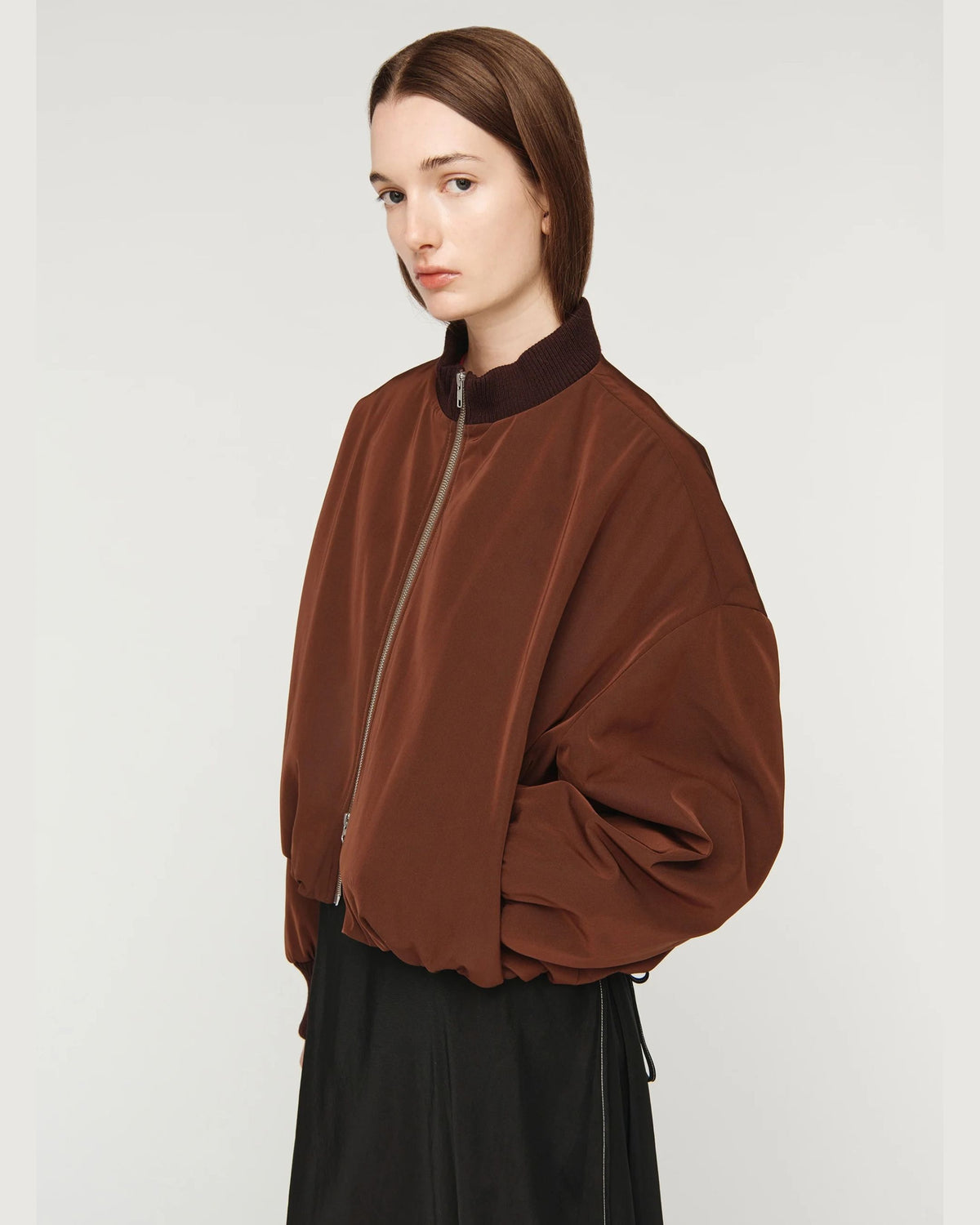 Song for the Mute Elasticated Egg Bomber in Brown, close side view detail